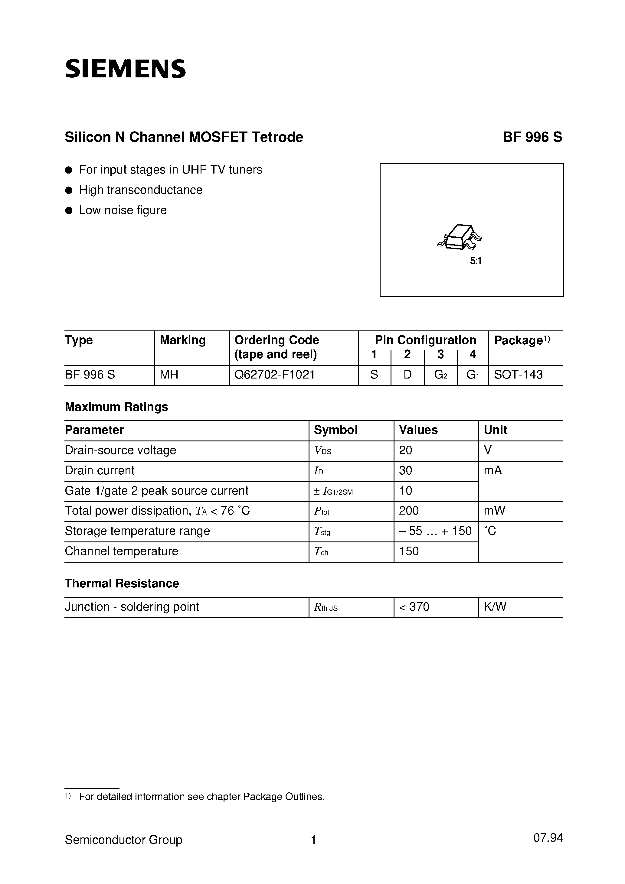 Datasheet BF996S - Silicon N Channel MOSFET Tetrode (For input stages in UHF TV tuners High transconductance Low noise figure) page 1
