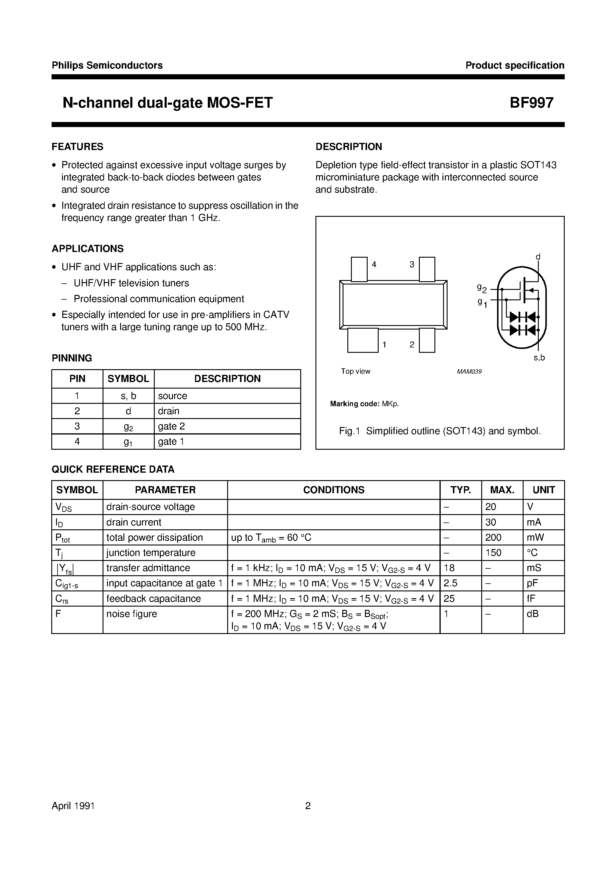 Datasheet BF997 - N-channel dual-gate MOS-FET page 2
