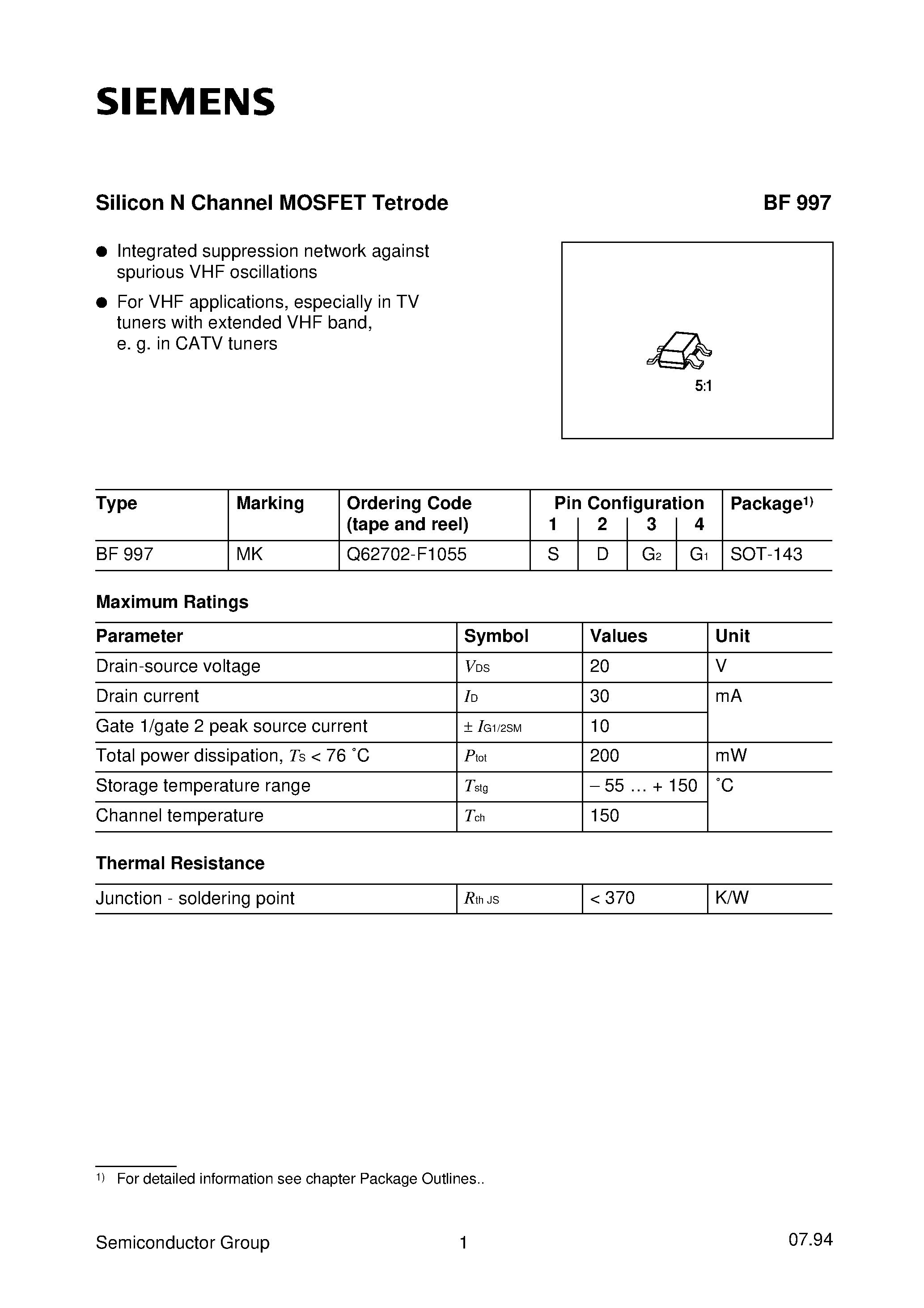 Datasheet BF997 - Silicon N Channel MOSFET Tetrode (Integrated suppression network against spurious VHF oscillations) page 1