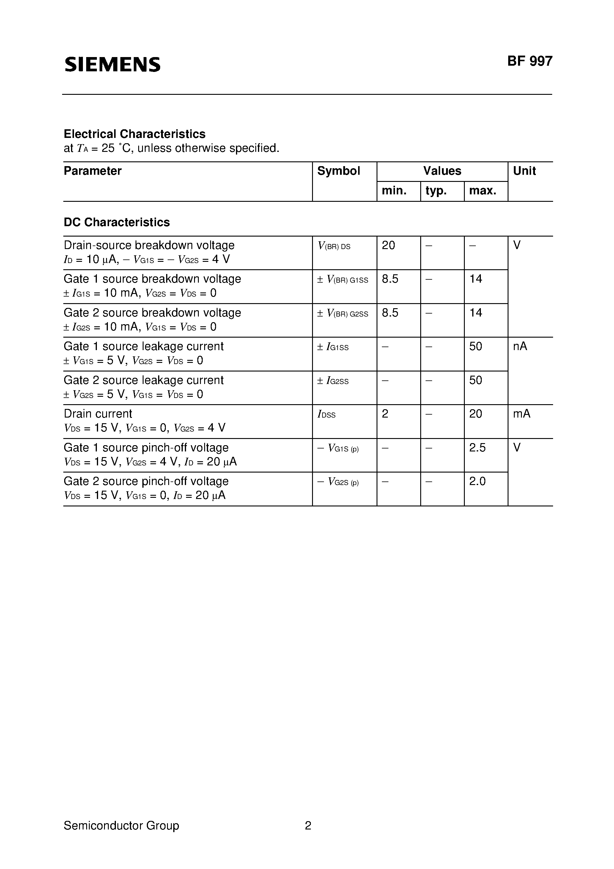 Datasheet BF997 - Silicon N Channel MOSFET Tetrode (Integrated suppression network against spurious VHF oscillations) page 2