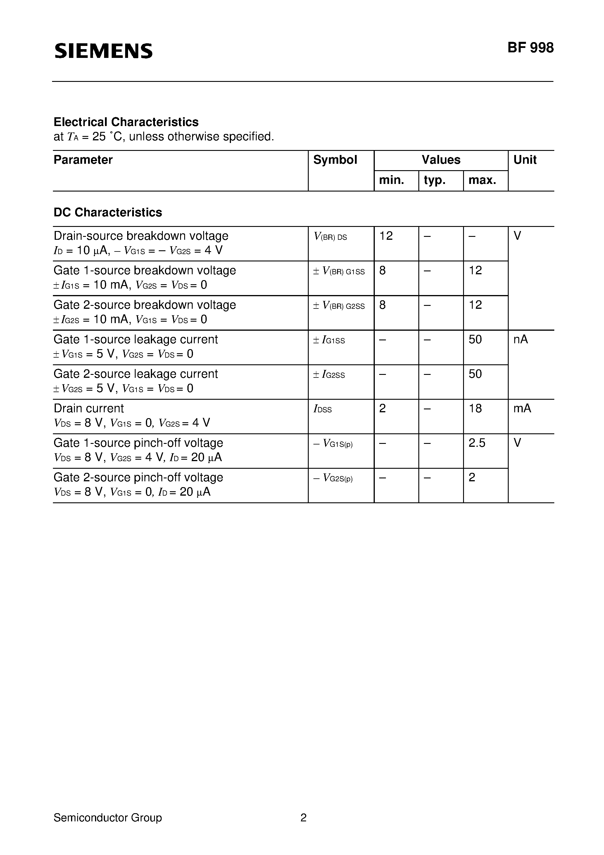 Даташит BF998 - Silicon N Channel MOSFET Tetrode (Short-channel transistor with high S/C quality factor For low-noise/ gain-controlled input stages up to 1 GHz) страница 2