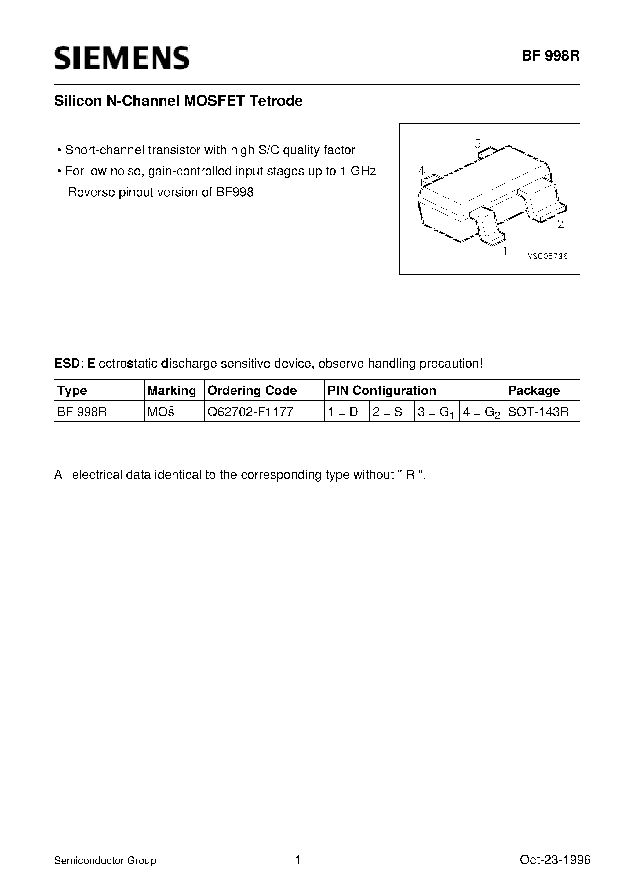 Даташит BF998R - Silicon N-Channel MOSFET Tetrode (Short-channel transistor with high S/C quality factor) страница 1