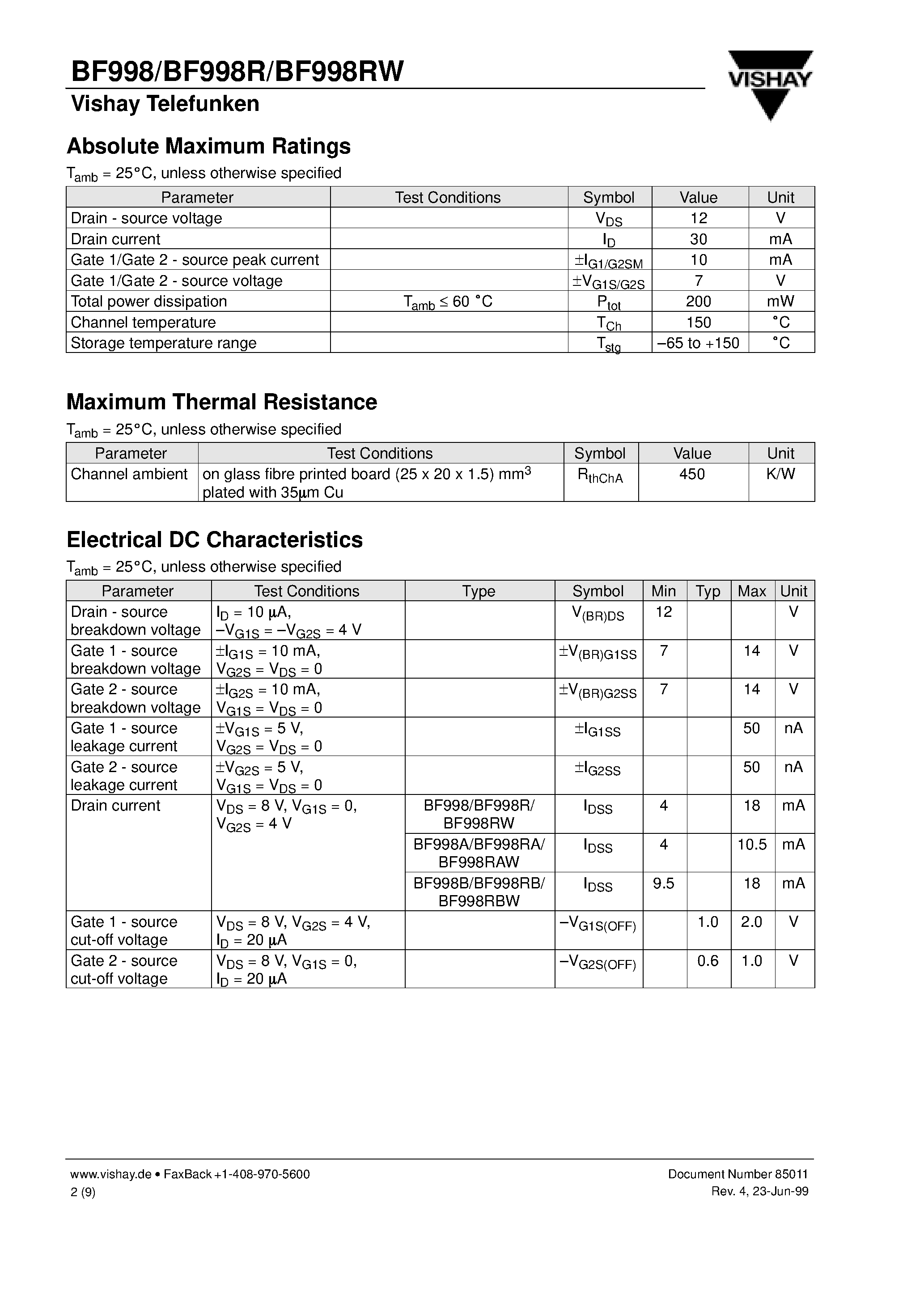 Datasheet BF998RA - N-Channel Dual Gate MOS-Fieldeffect Tetrode/ Depletion Mode page 2