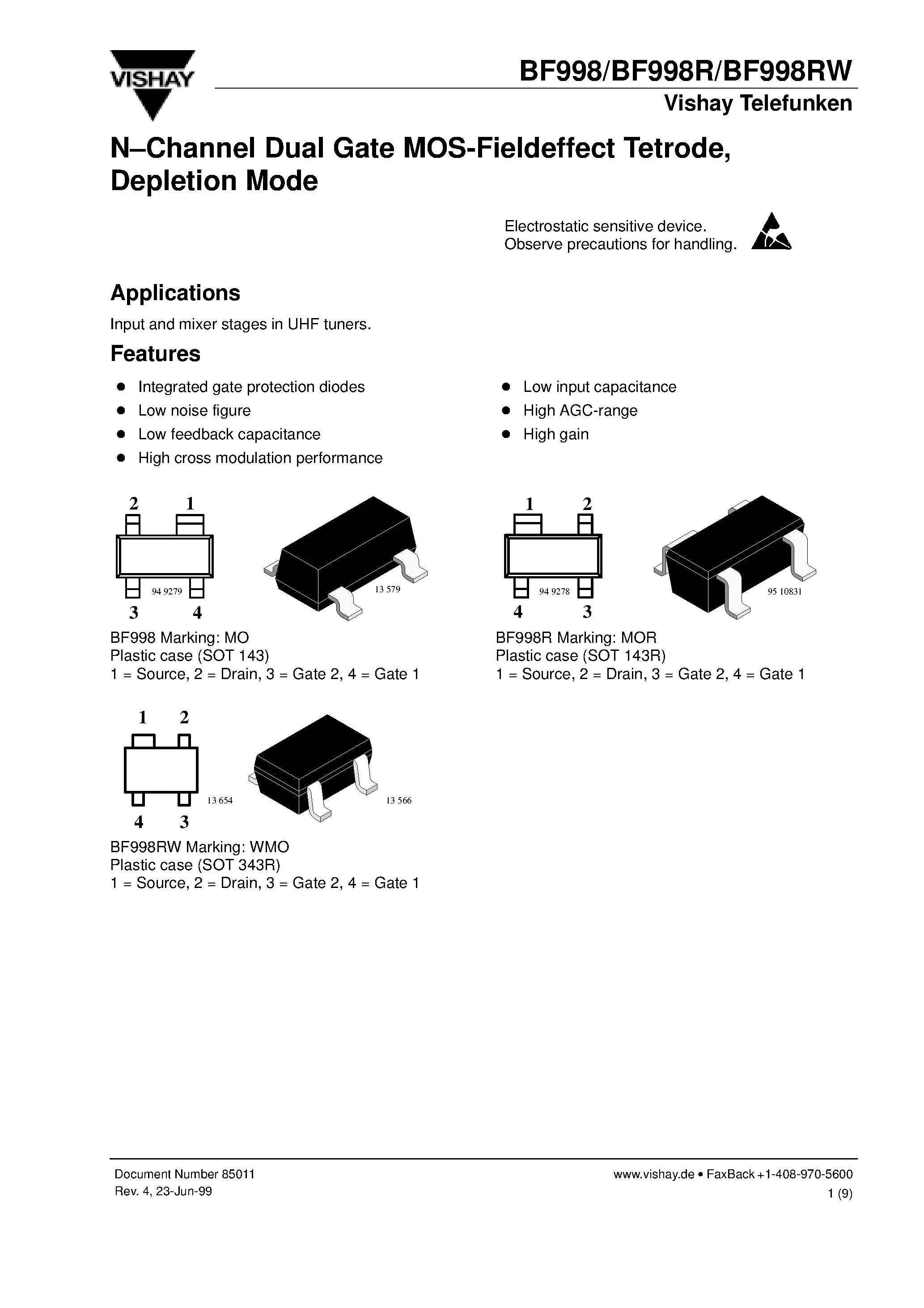 Datasheet BF998RB - N-Channel Dual Gate MOS-Fieldeffect Tetrode/ Depletion Mode page 1
