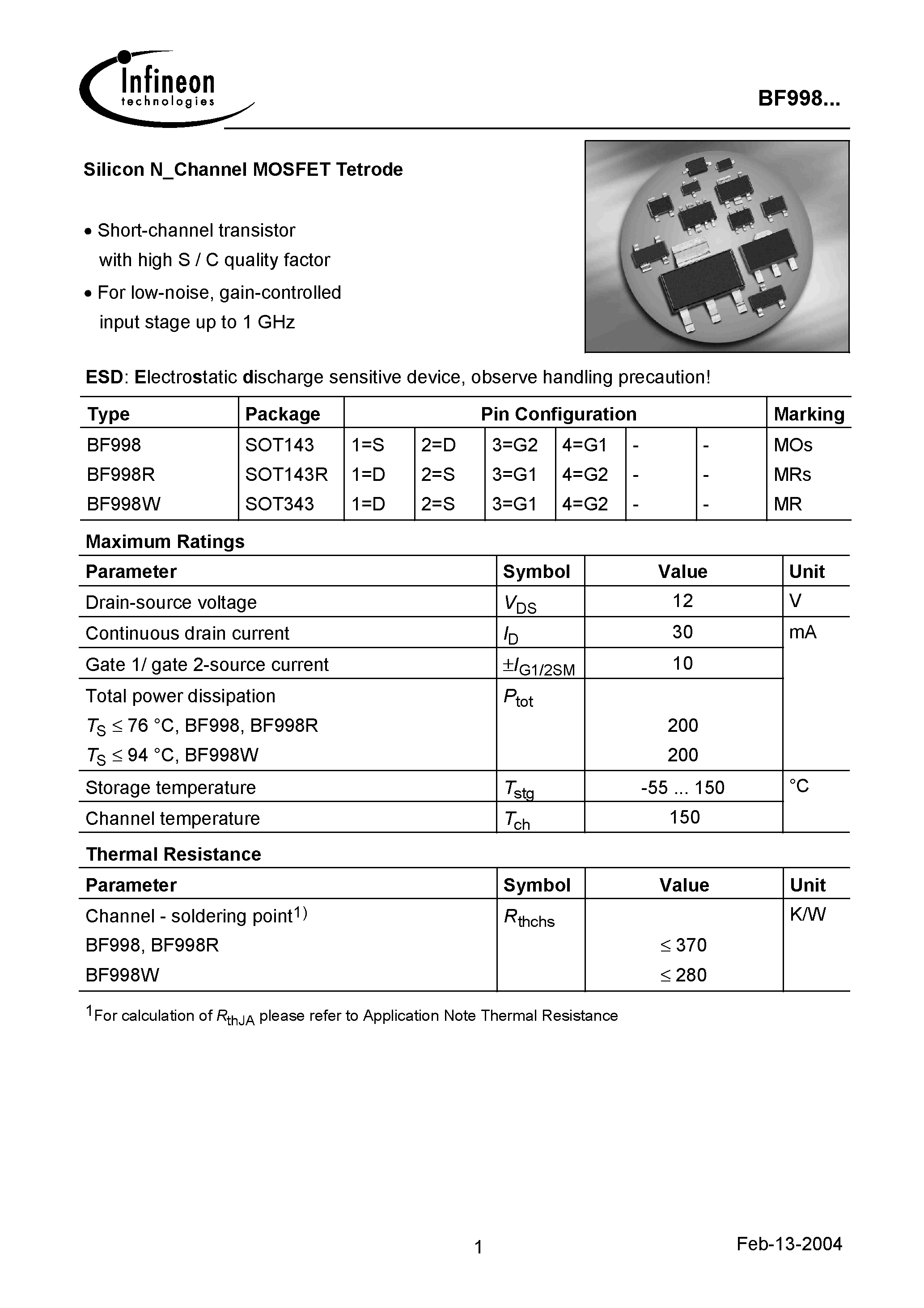 Datasheet BF998W - Silicon N-Channel MOSFET Tetrode page 1