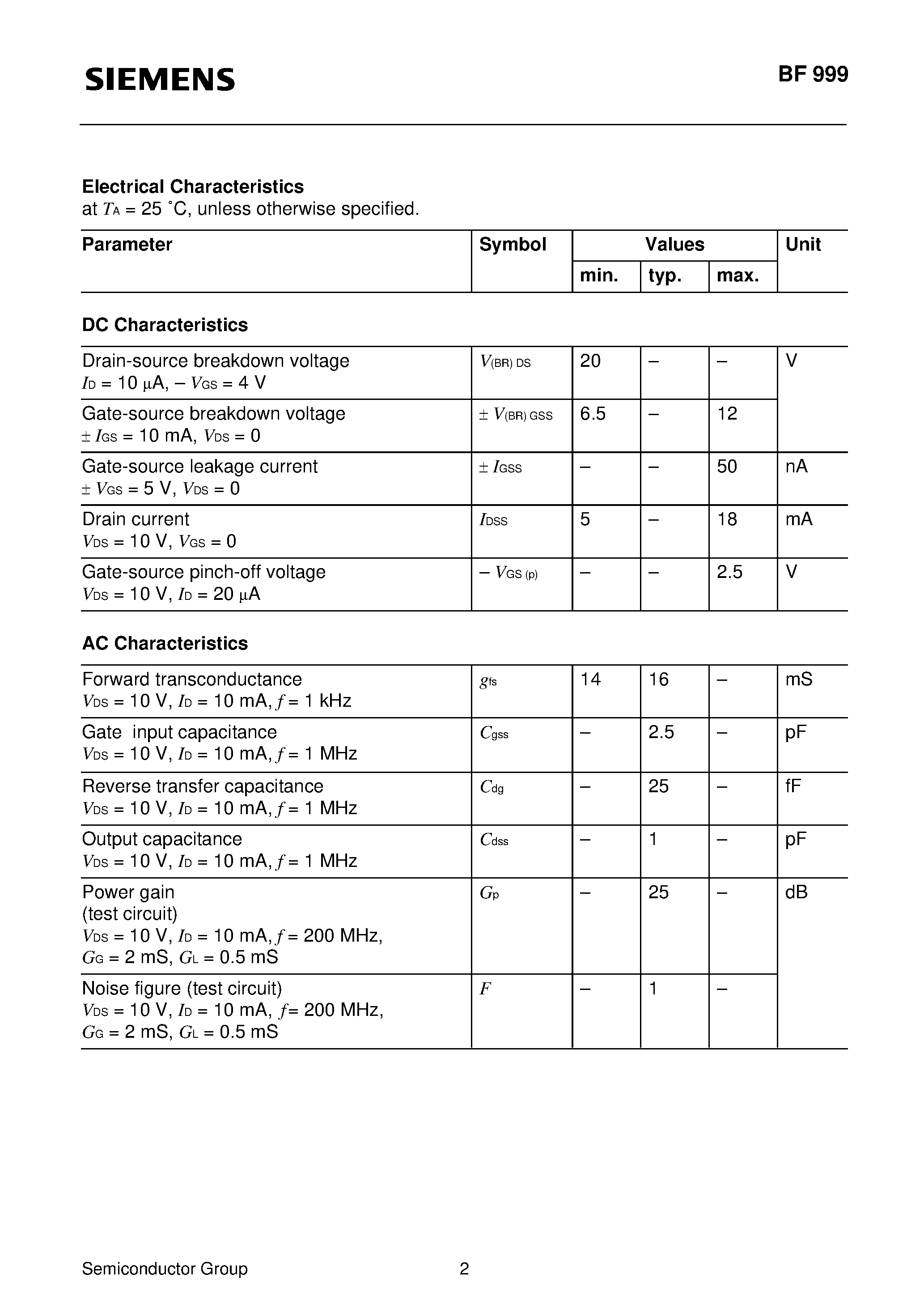 Datasheet BF999 - Silicon N Channel MOSFET Triode (For high-frequency stages up to 300 MHz/ preferably in FM applications) page 2