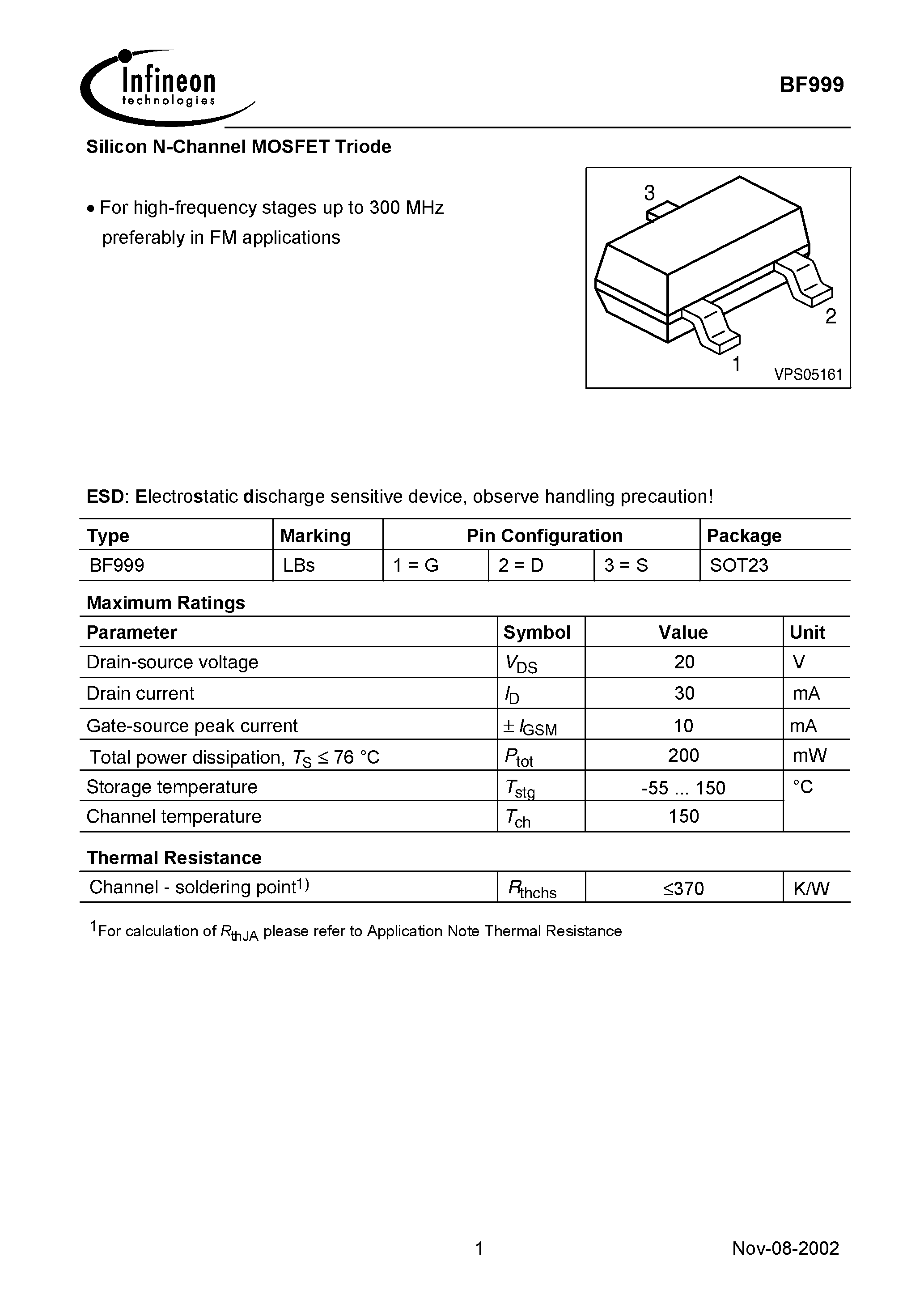 Datasheet BF999 - Silicon N-Channel MOSFET Triode page 1