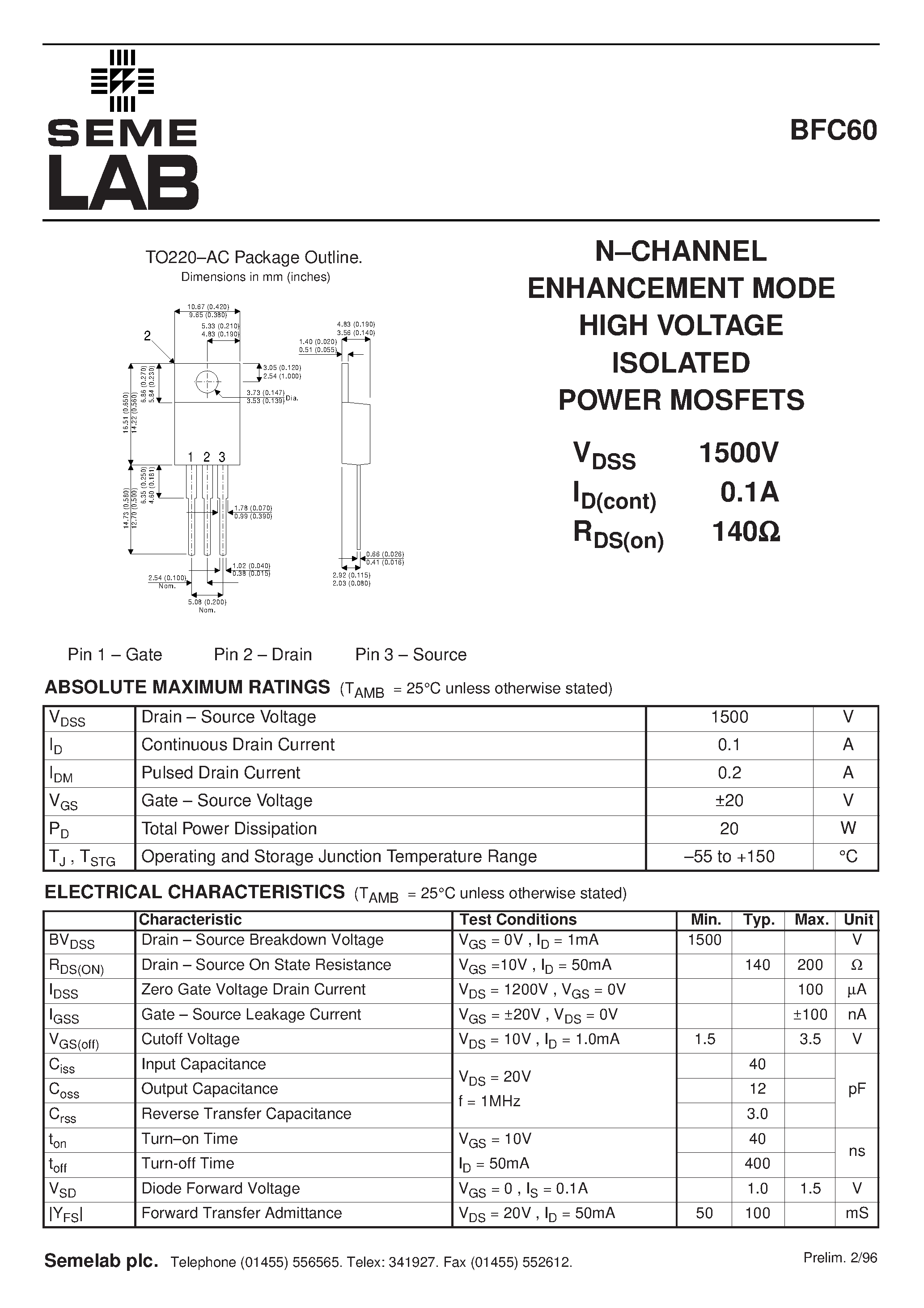 Datasheet BFC60 - N-CHANNEL ENHANCEMENT MODE HIGH VOLTAGE ISOLATED POWER MOSFETS page 1