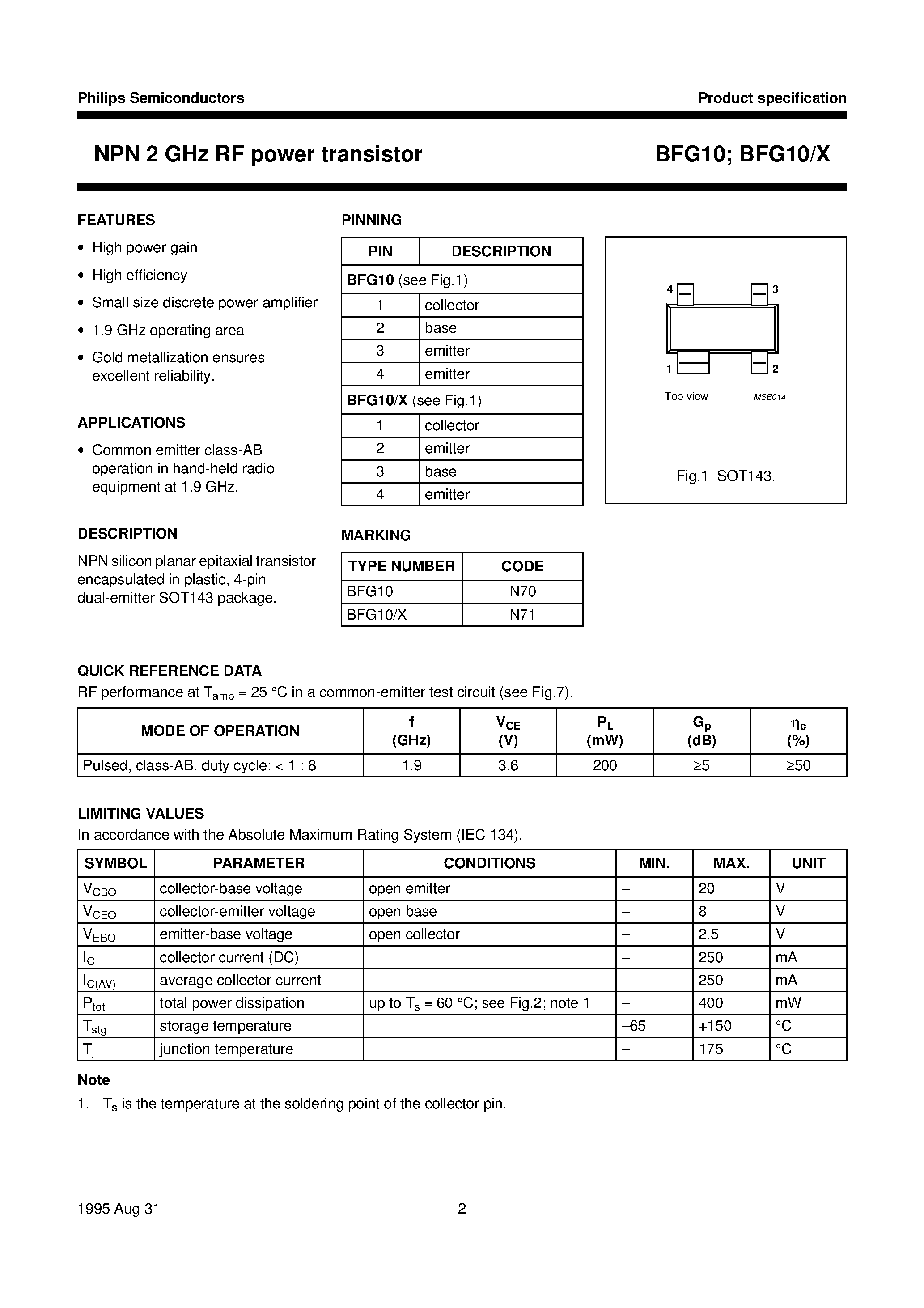 Даташит BFG10 - NPN 2 GHz RF power transistor страница 2
