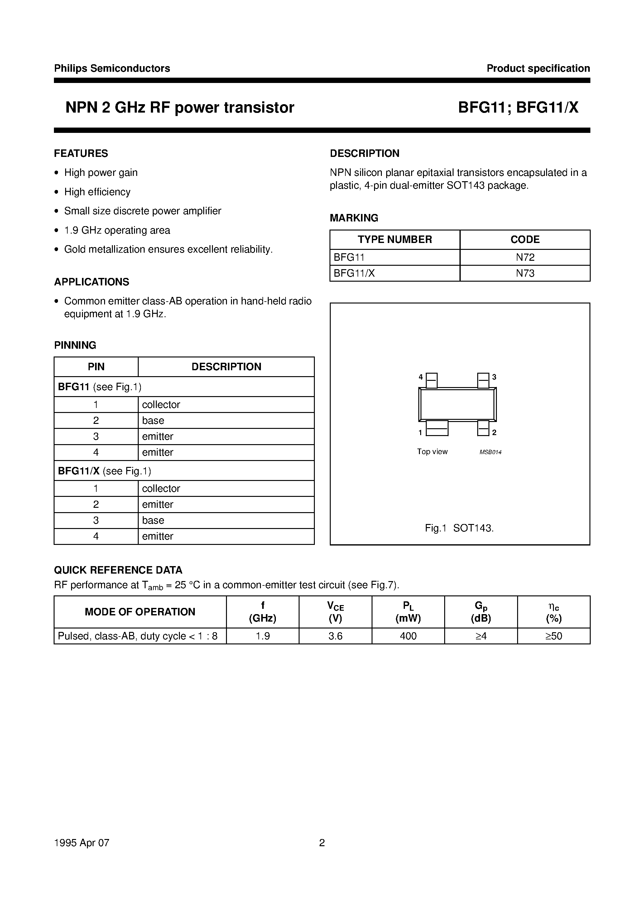 Даташит BFG11 - NPN 2 GHz RF power transistor страница 2