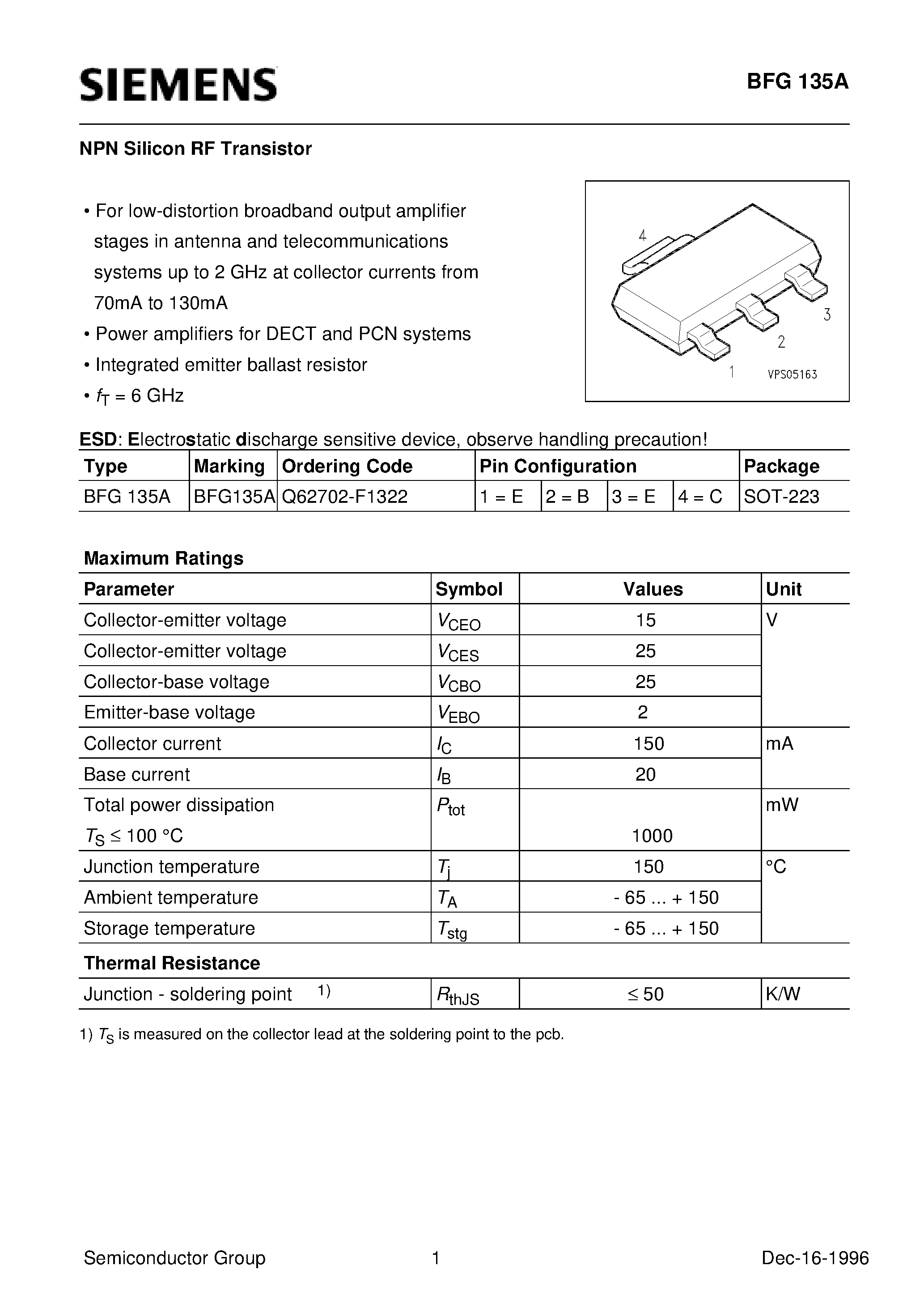 Datasheet BFG135A - NPN Silicon RF Transistor (For low-distortion broadband output amplifier stages in antenna and telecommunications) page 1