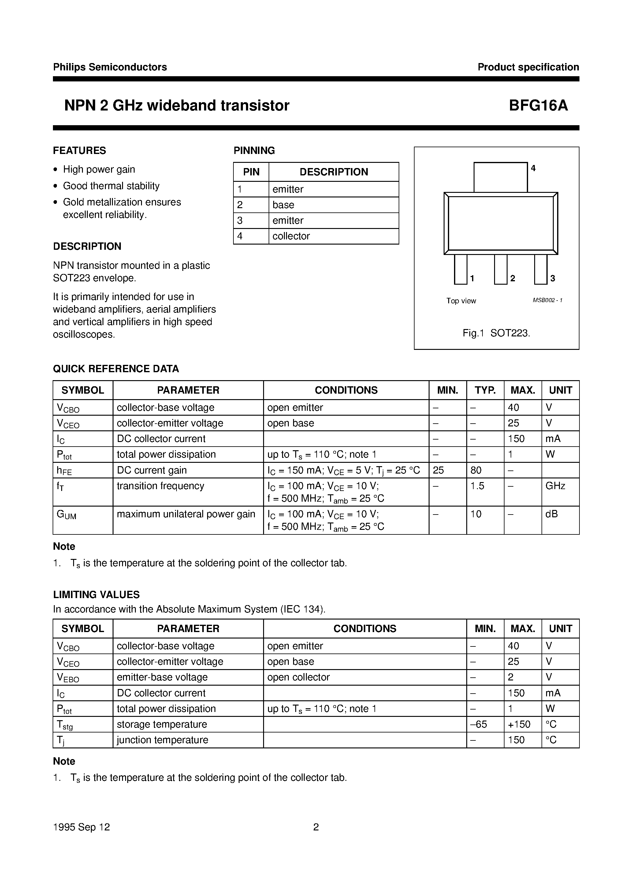 Даташит на микросхему BFG16A страница 2 Даташит BFG16A - NPN 2 GHz wideband transistor страница 2