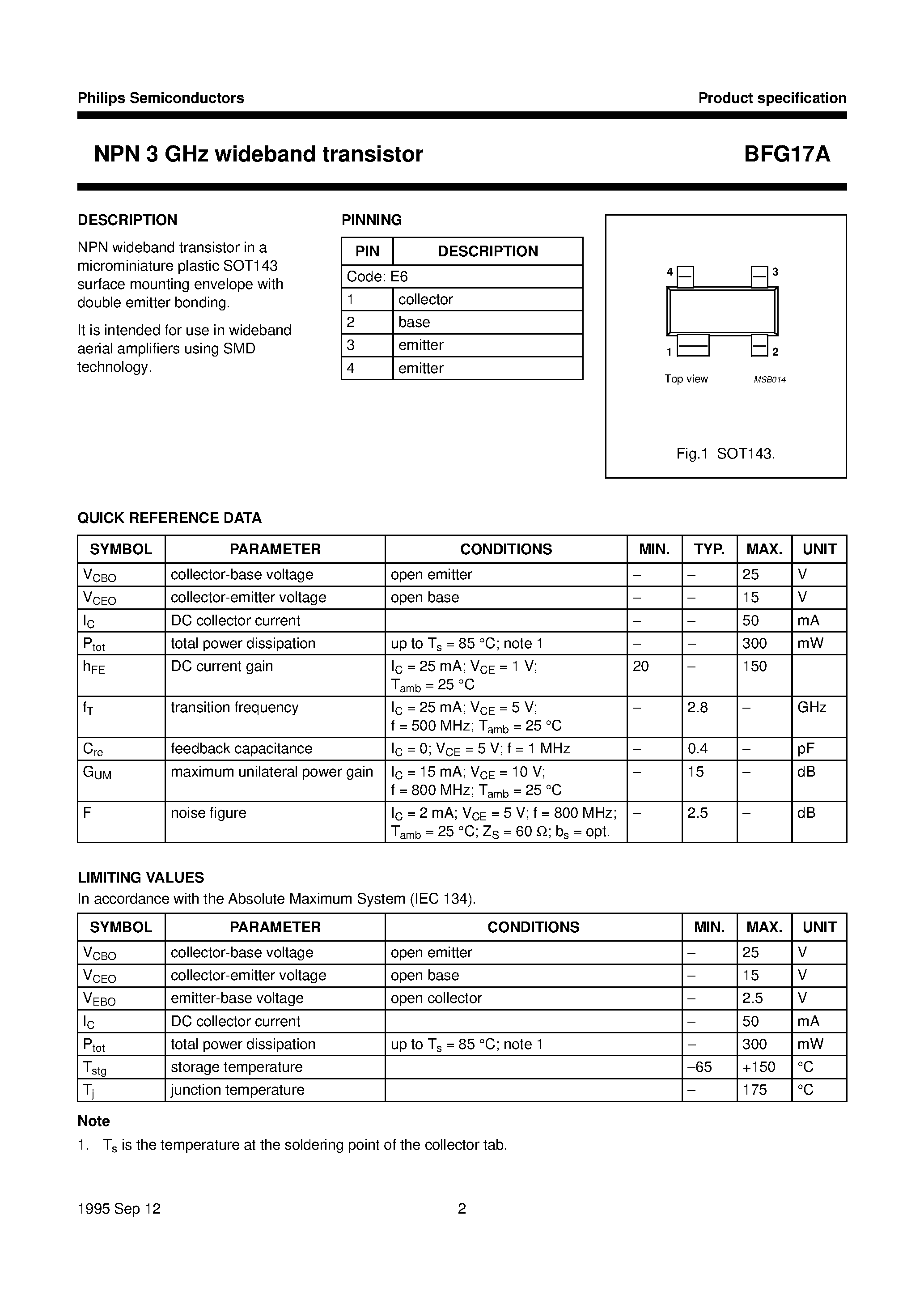 Datasheet BFG17 page 2 Datasheet BFG17 - NPN 3 GHz wideband transistor page 2