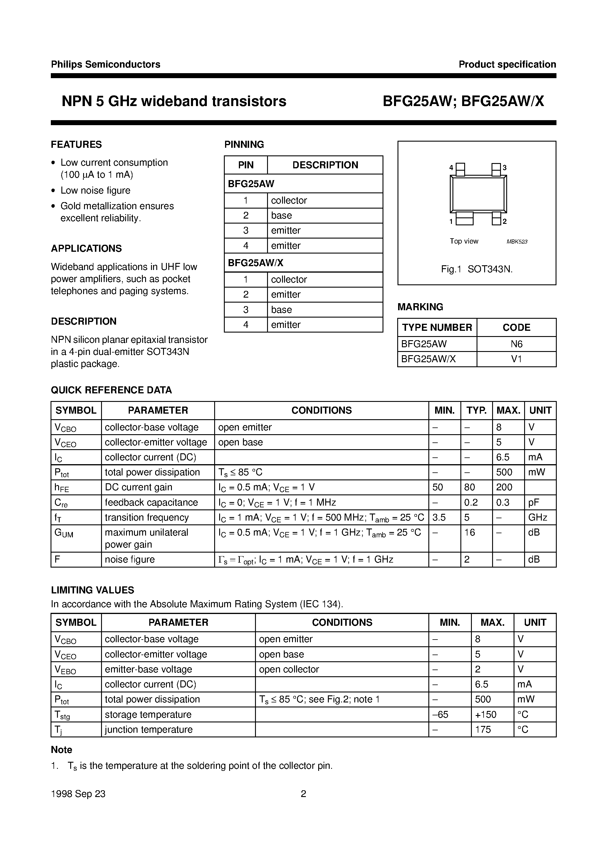 Даташит на микросхему BFG25AW страница 2 Даташит BFG25AW - NPN 5 GHz wideband transistors страница 2