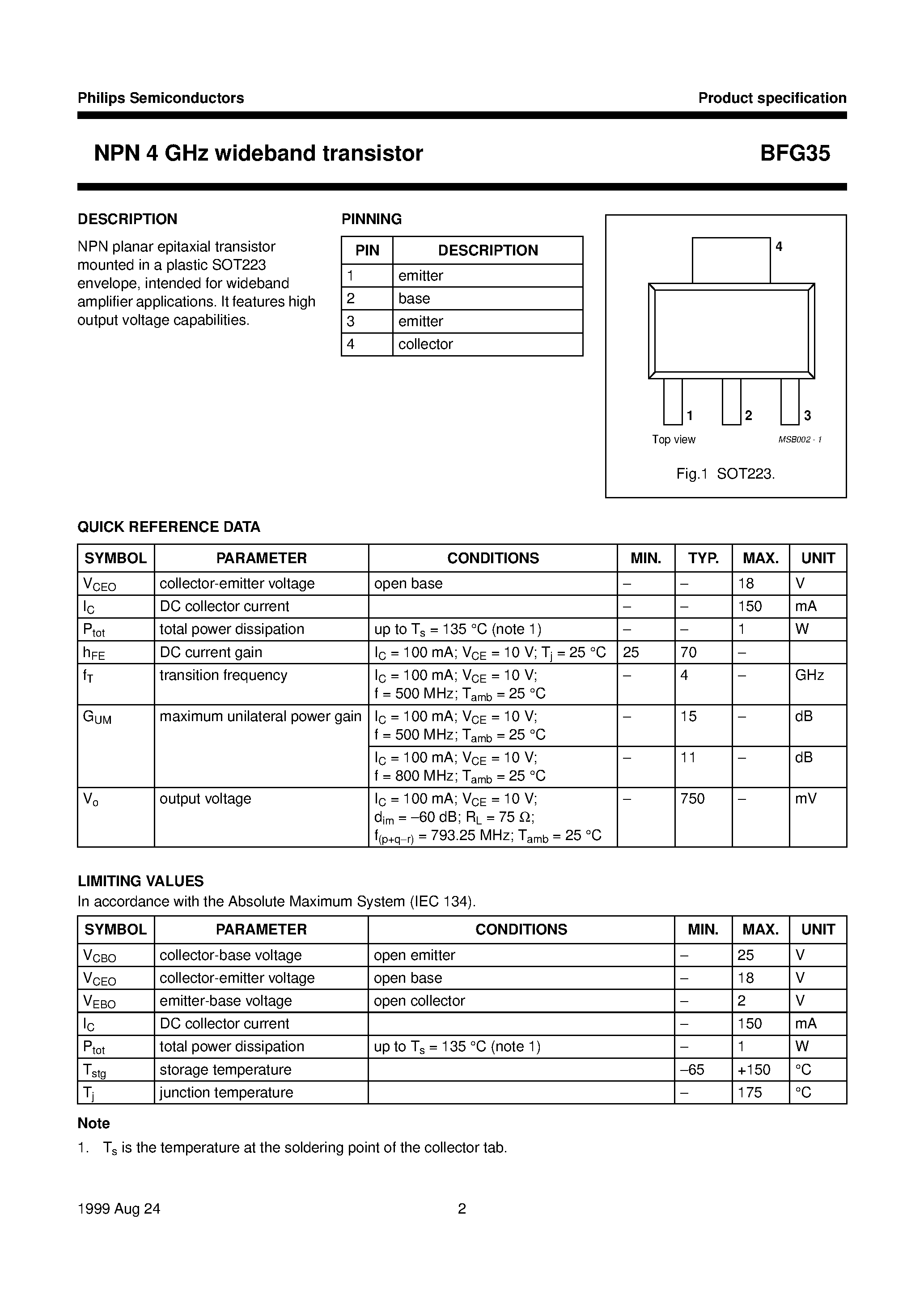 Datasheet BFG35 - NPN 4 GHz wideband transistor page 2