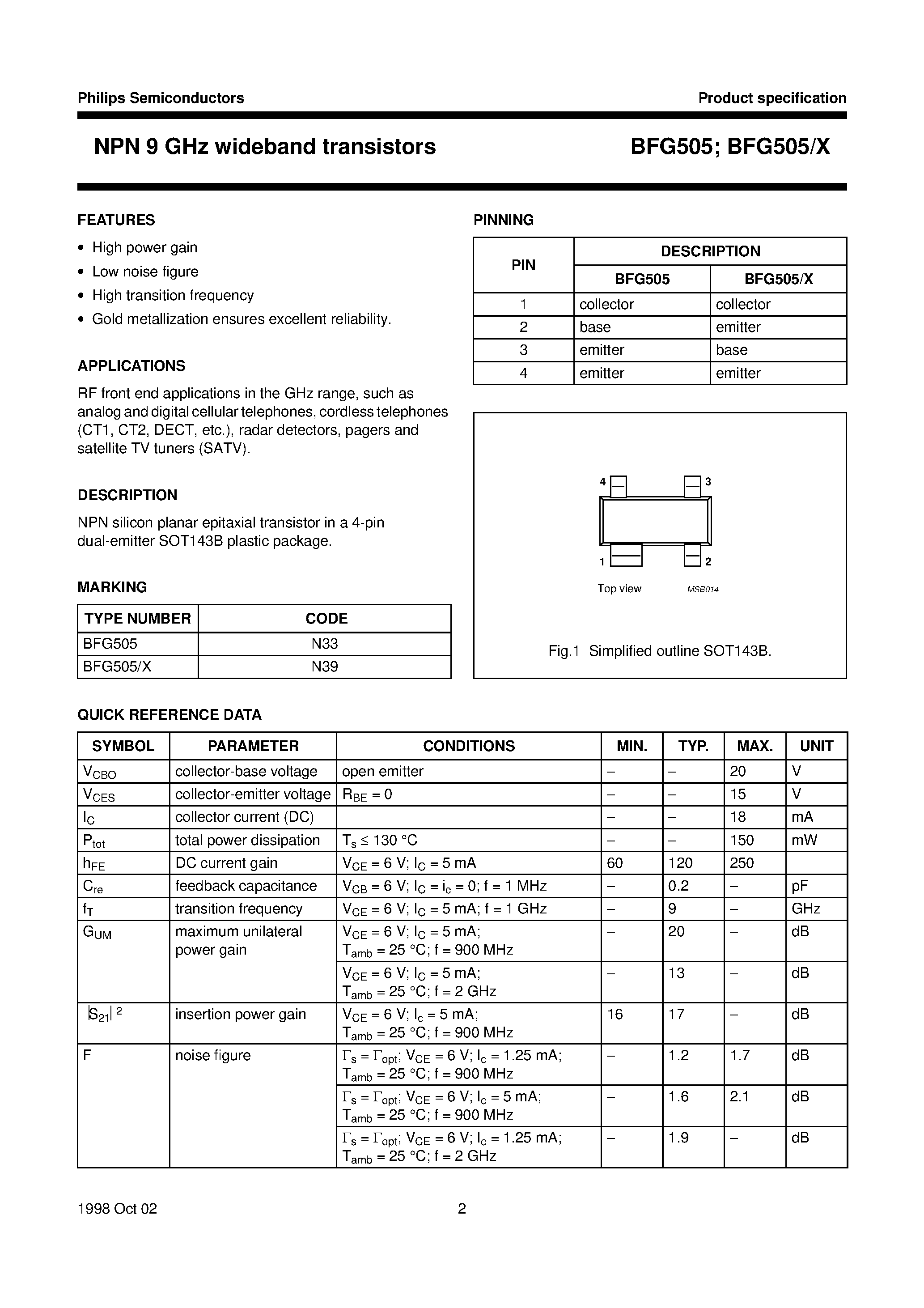 Даташит BFG505 - NPN 9 GHz wideband transistors страница 2