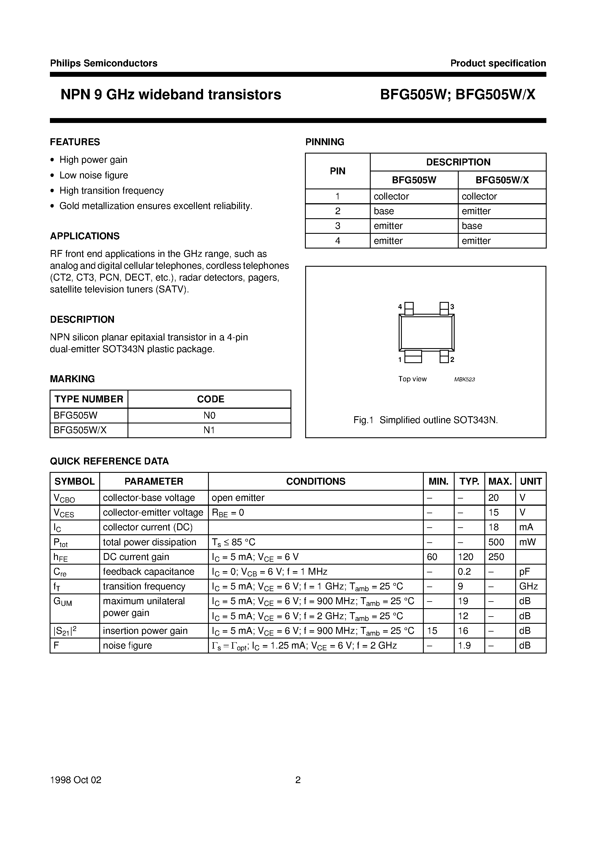 Даташит BFG505W - NPN 9 GHz wideband transistors страница 2
