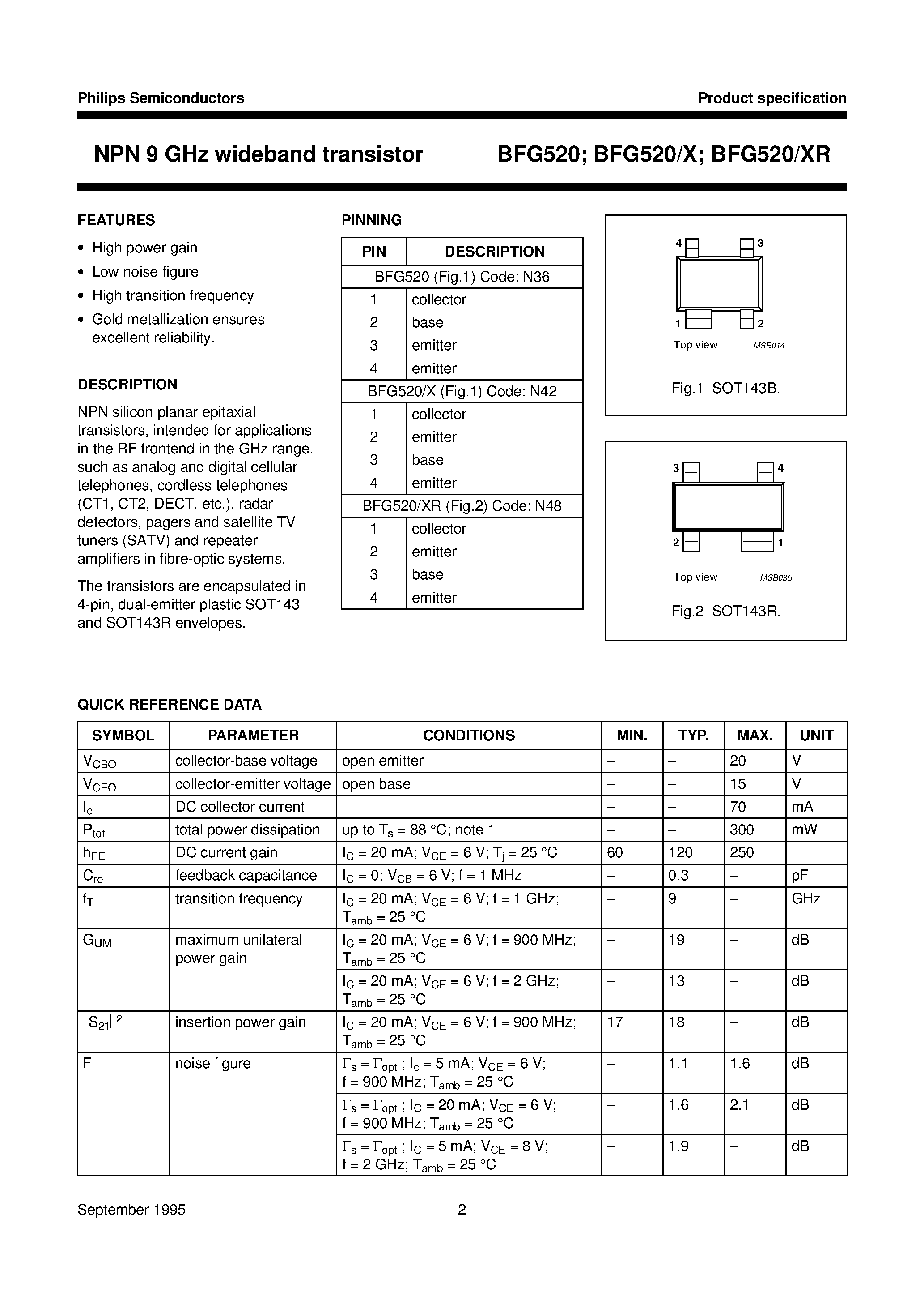 Даташит BFG520 - NPN 9 GHz wideband transistor страница 2