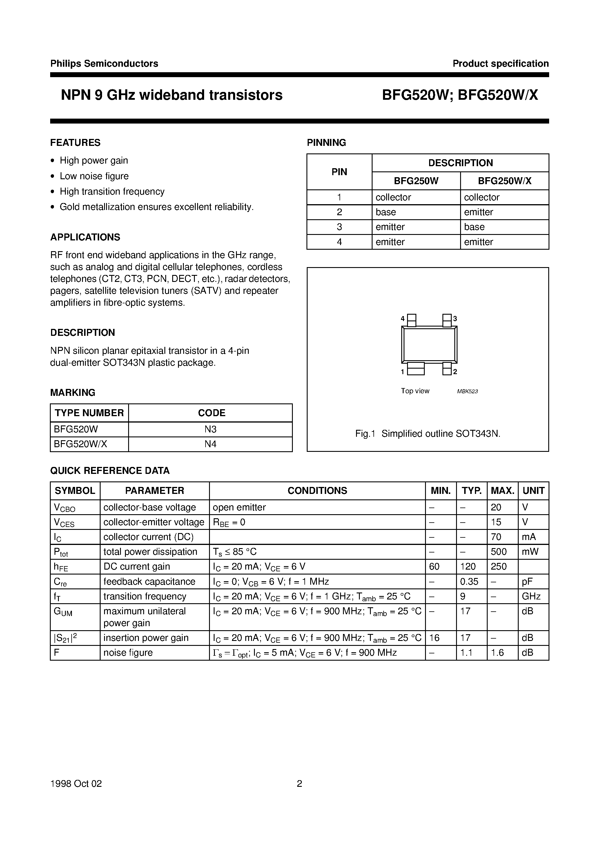 Даташит BFG520W - NPN 9 GHz wideband transistors страница 2