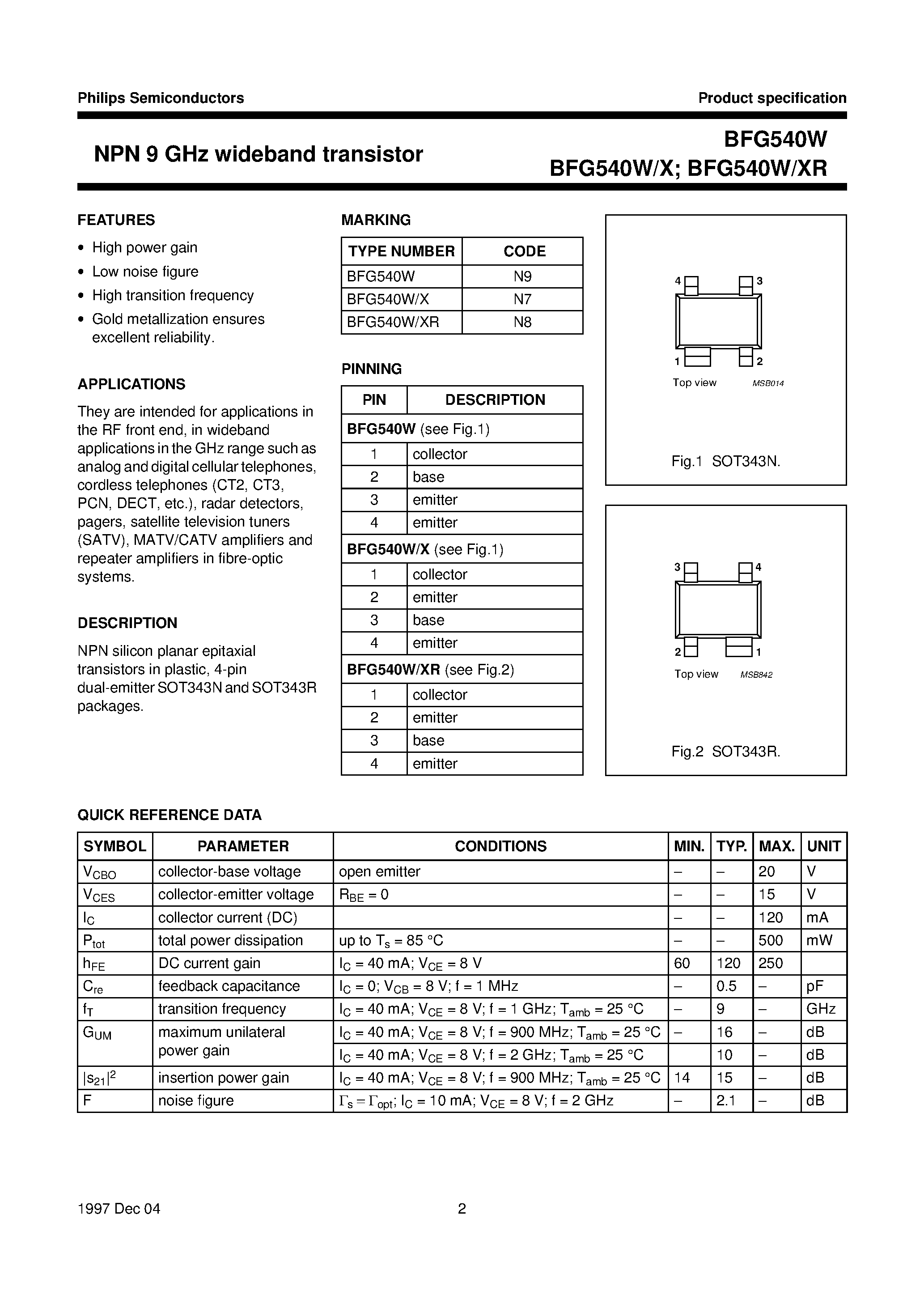 Даташит BFG540W - NPN 9 GHz wideband transistor страница 2