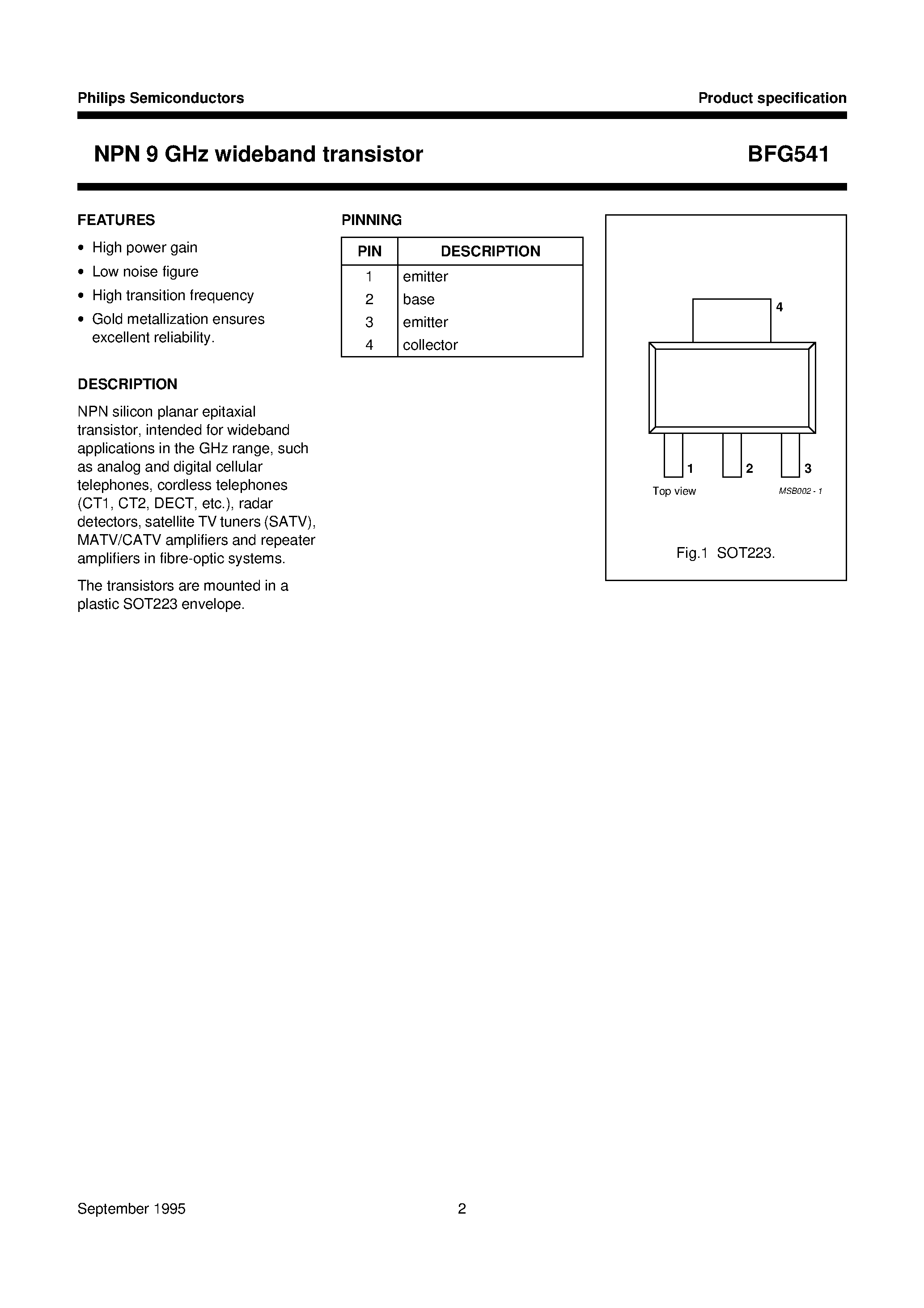 Даташит BFG541 - NPN 9 GHz wideband transistor страница 2
