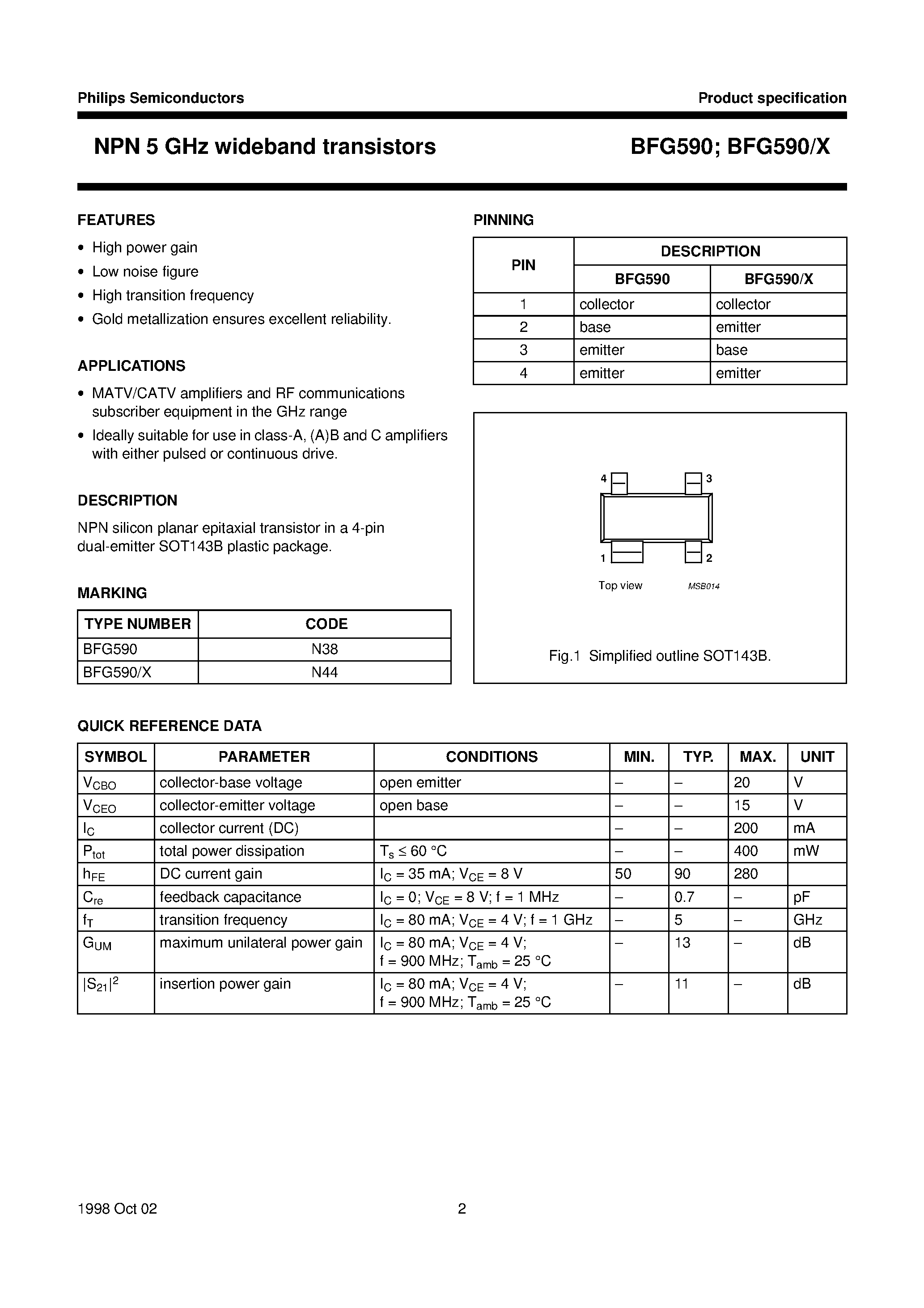 Даташит на микросхему BFG590 страница 2 Даташит BFG590 - NPN 5 GHz wideband transistors страница 2