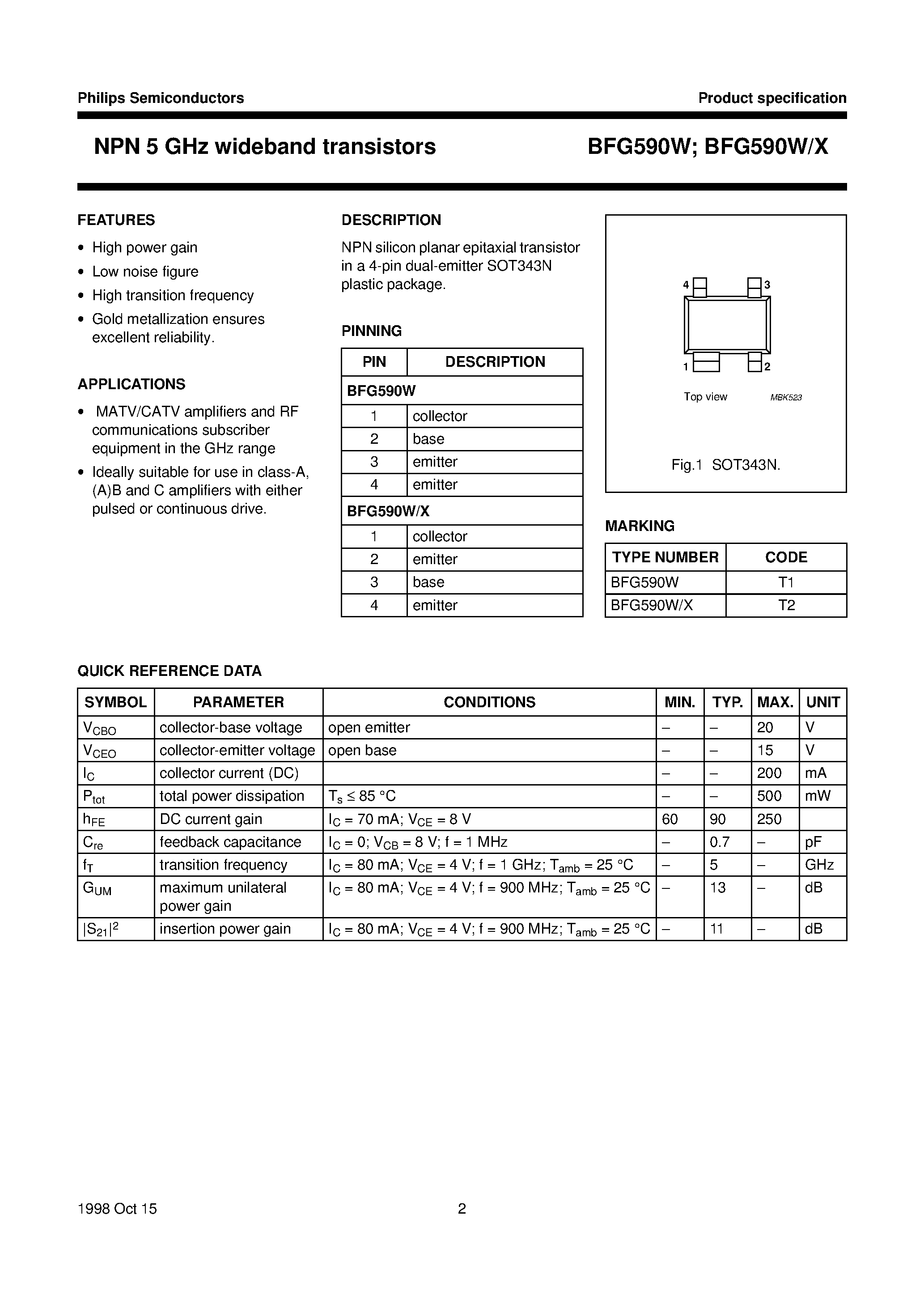 Даташит BFG590W - NPN 5 GHz wideband transistors страница 2