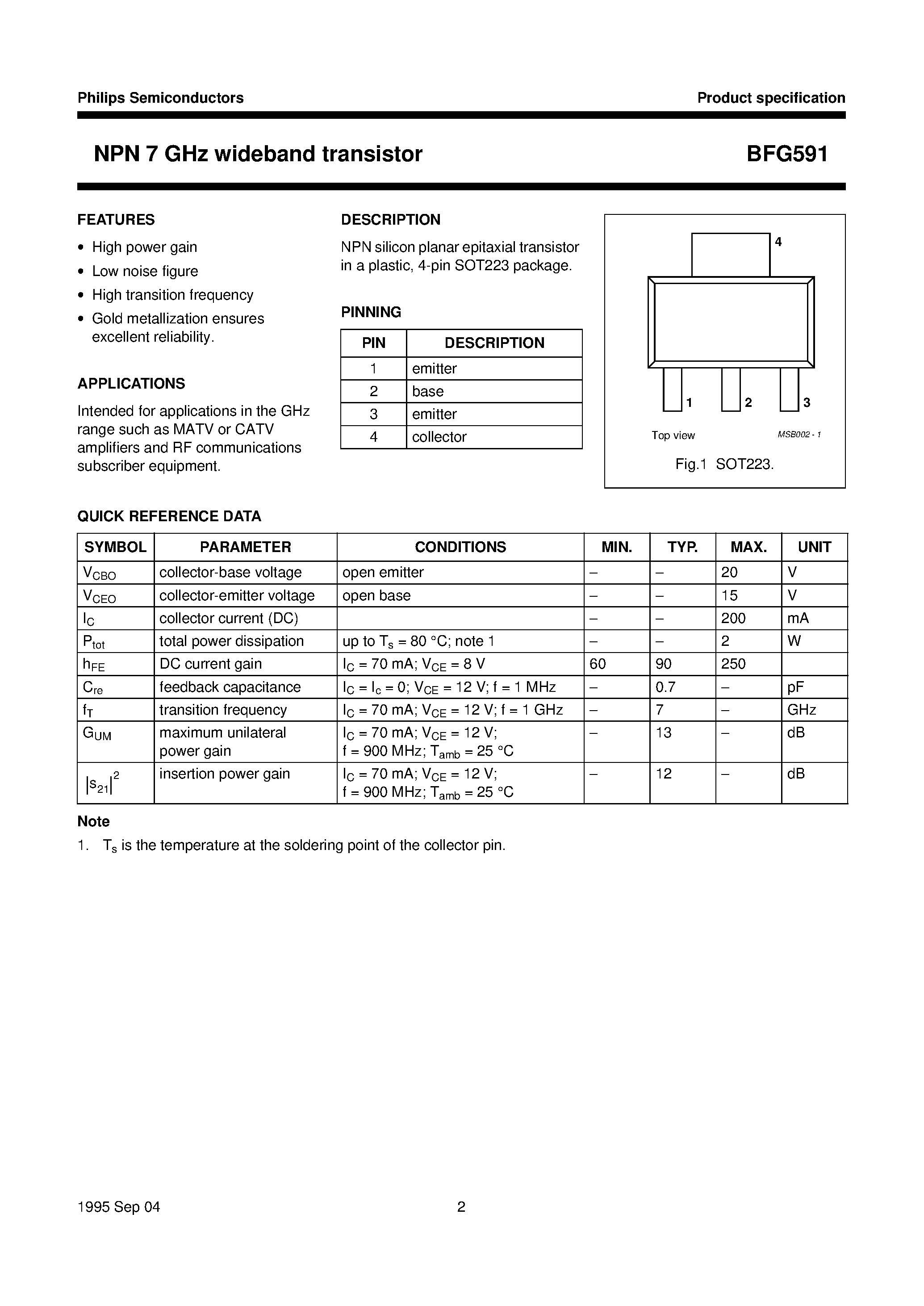 Datasheet BFG591 - NPN 7 GHz wideband transistor page 2