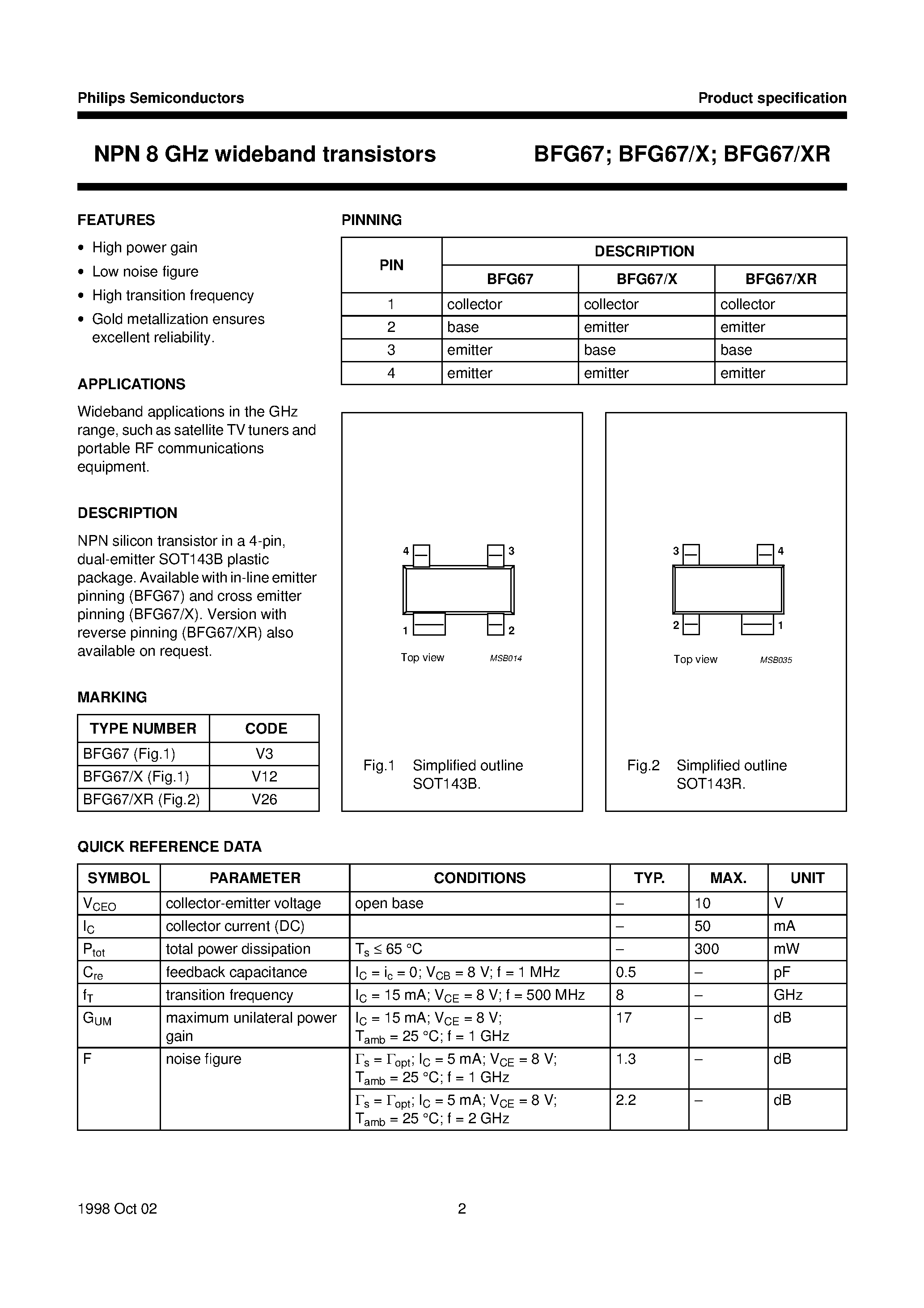 Даташит на микросхему BFG67 страница 2 Даташит BFG67 - NPN 8 GHz wideband transistors страница 2