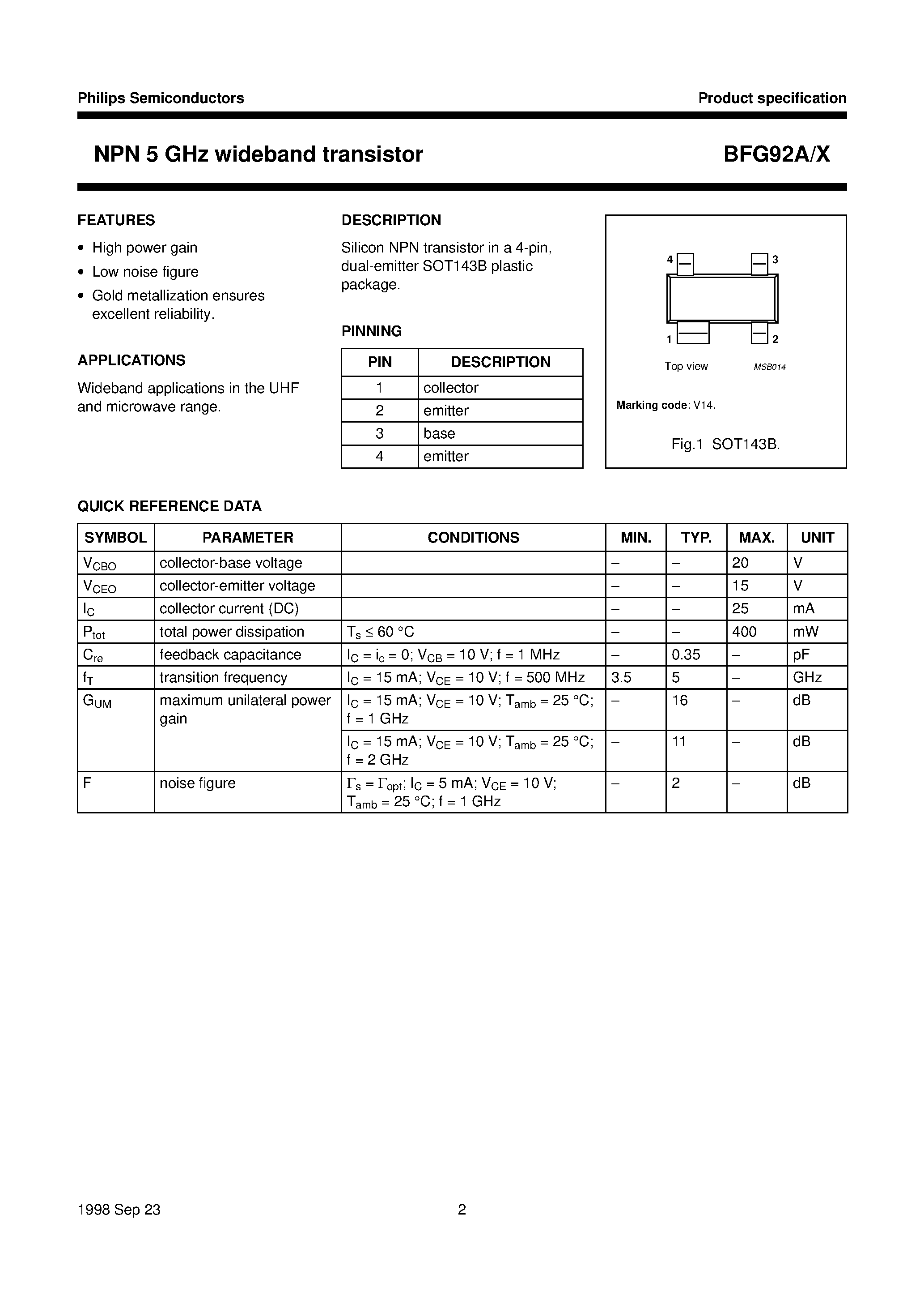 Datasheet BFG92A/X page 2 Datasheet BFG92A/X - NPN 5 GHz wideband transistor page 2