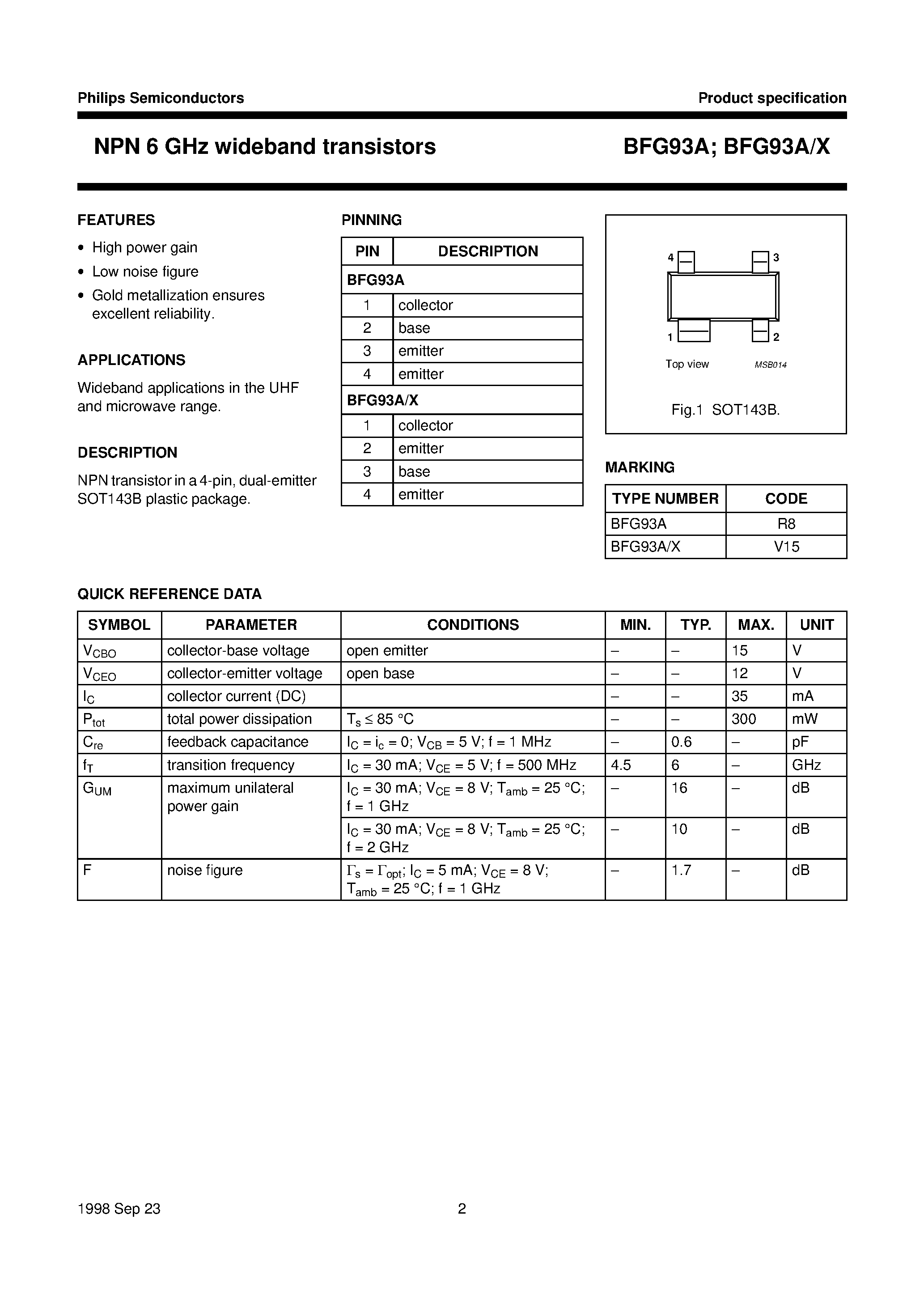 Datasheet BFG93A/X page 2 Datasheet BFG93A/X - NPN 6 GHz wideband transistors page 2