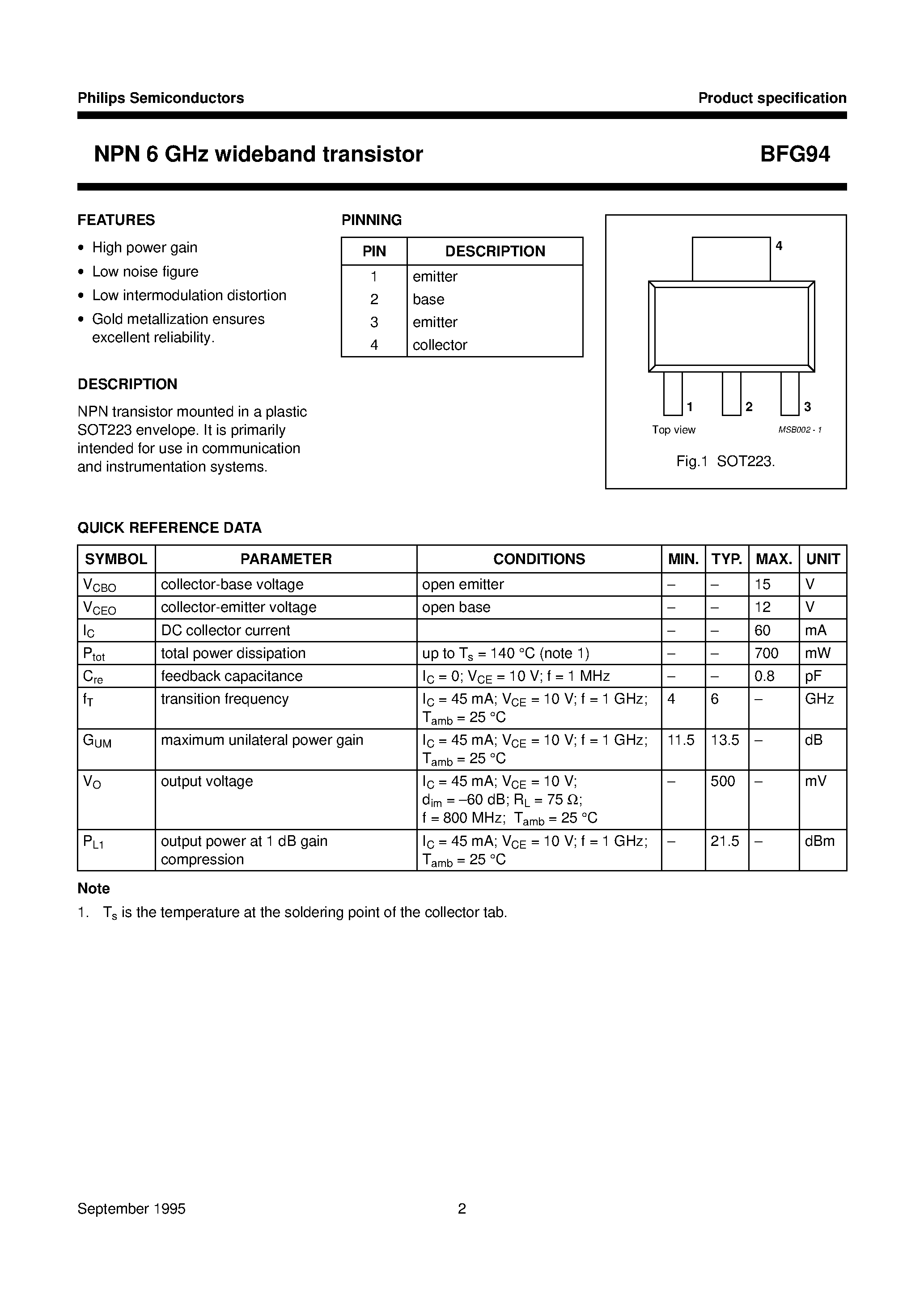 Datasheet BFG94 - NPN 6 GHz wideband transistor page 2