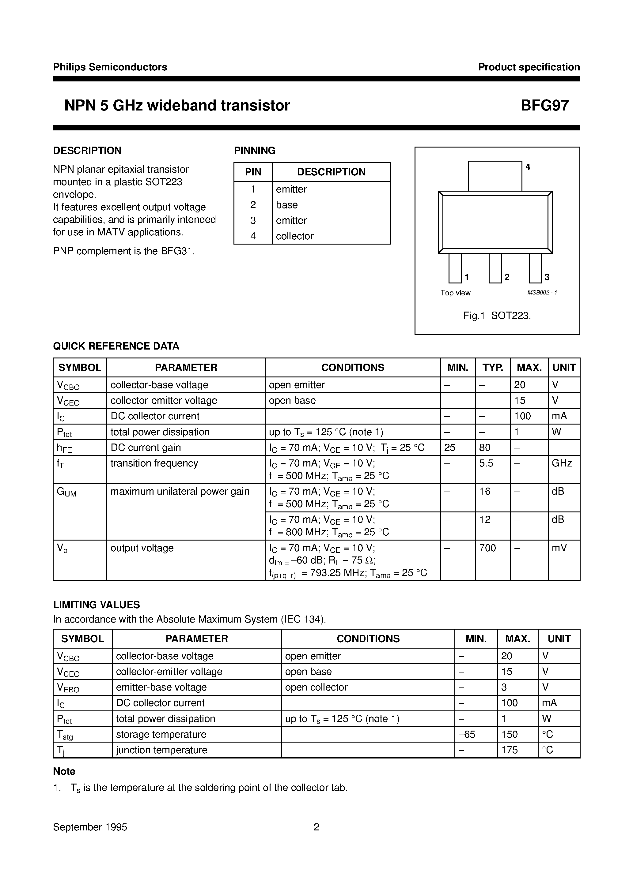 Datasheet BFG97 - NPN 5 GHz wideband transistor page 2