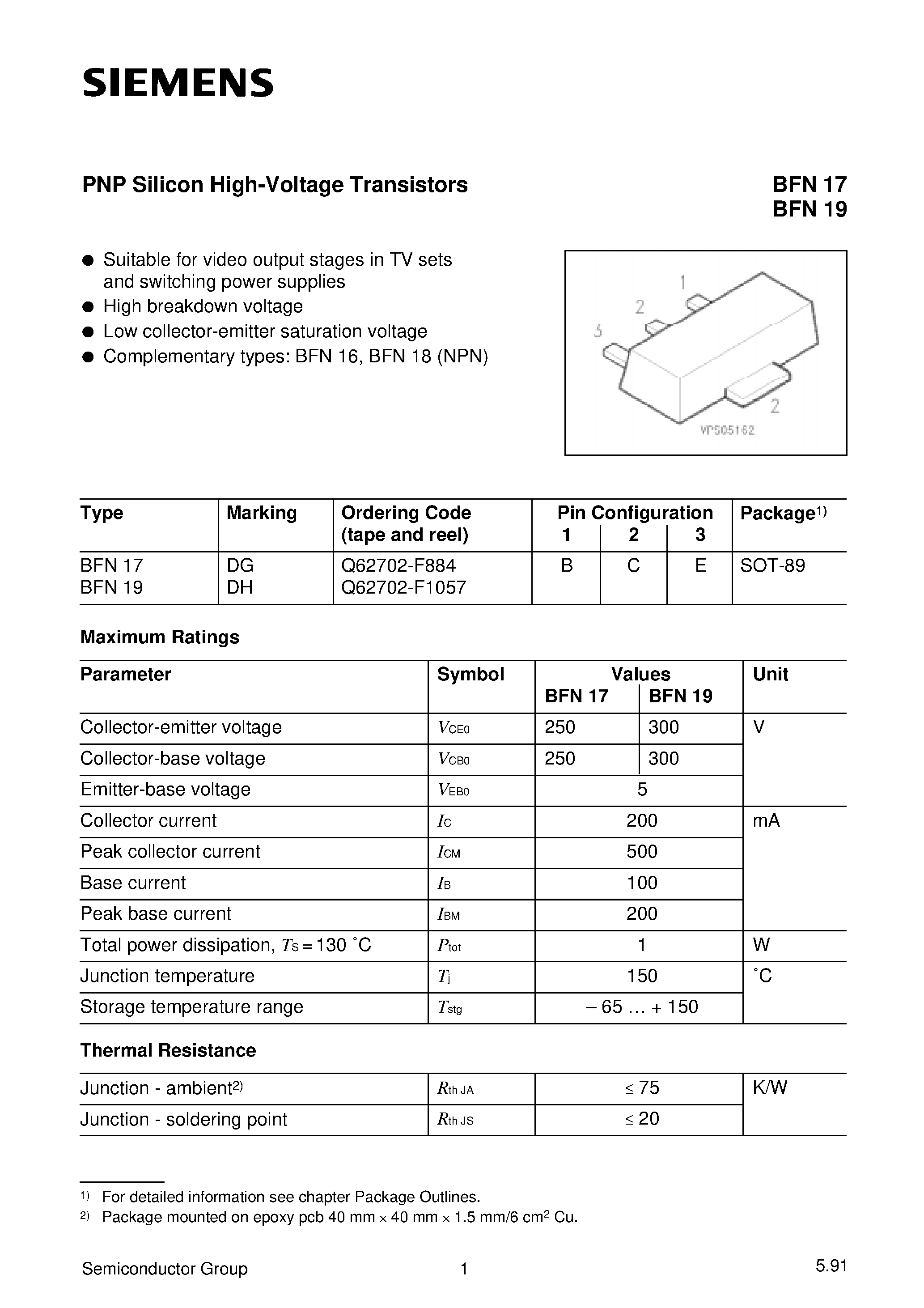 Datasheet BFN17 - PNP Silicon High-Voltage Transistors (Suitable for video output stages in TV sets and switching power supplies High breakdown voltage) page 1