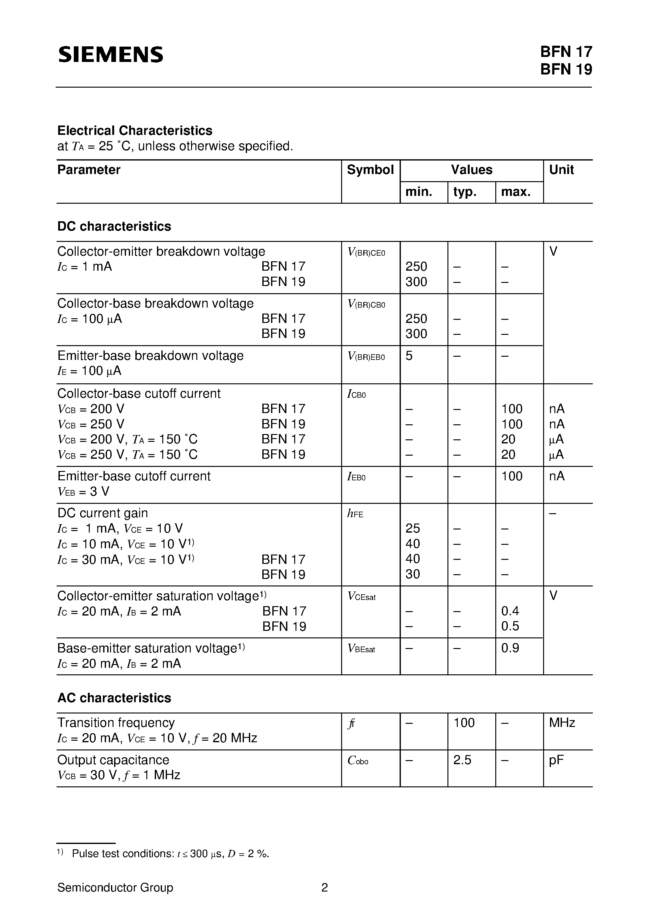 Datasheet BFN17 - PNP Silicon High-Voltage Transistors (Suitable for video output stages in TV sets and switching power supplies High breakdown voltage) page 2
