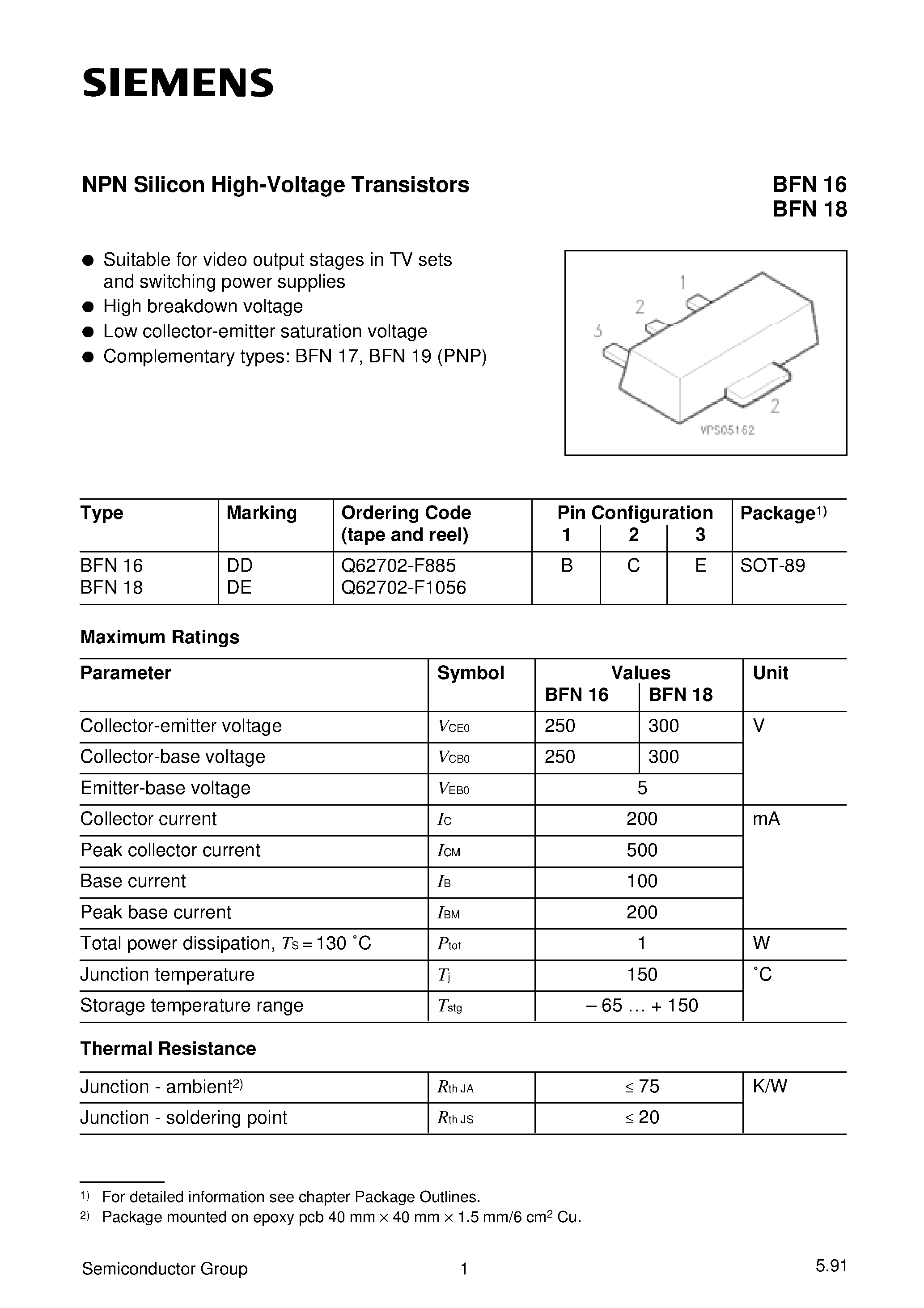 Datasheet BFN18 - NPN Silicon High-Voltage Transistors (Suitable for video output stages in TV sets and switching power supplies High breakdown voltage) page 1