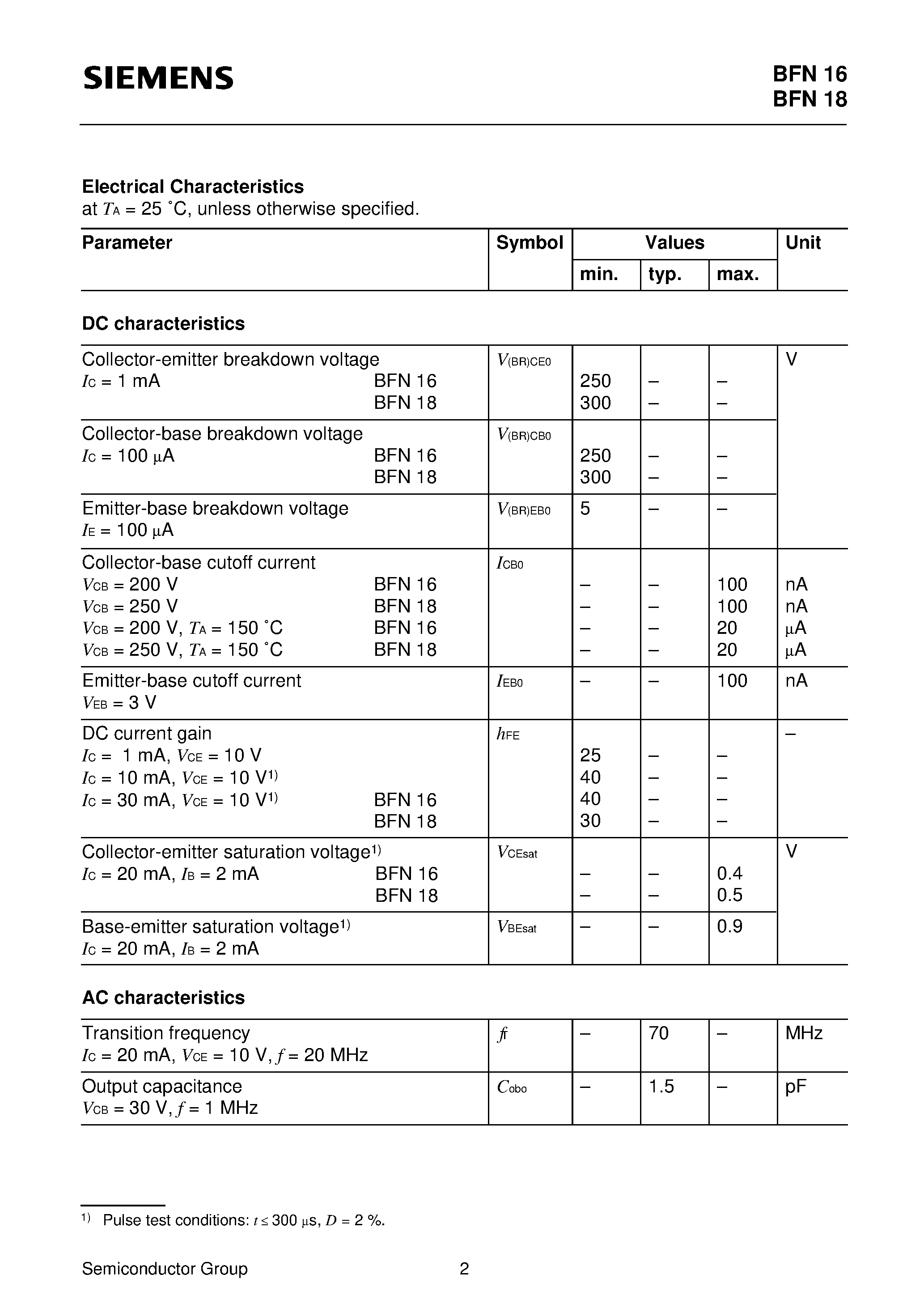 Datasheet BFN18 - NPN Silicon High-Voltage Transistors (Suitable for video output stages in TV sets and switching power supplies High breakdown voltage) page 2