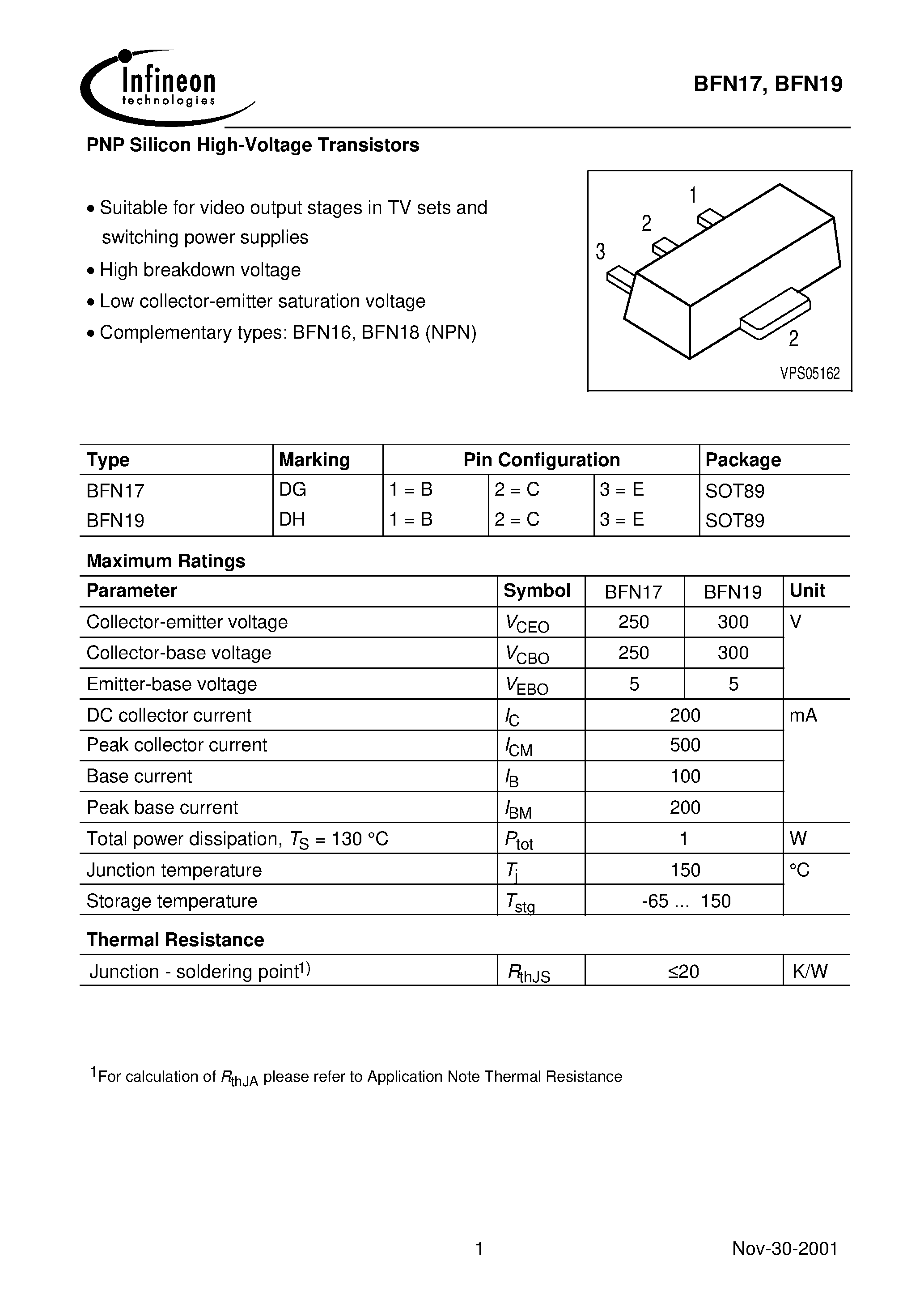 Даташит на микросхему BFN19 страница 1 Даташит BFN19 - PNP Silicon High-Voltage Transistors страница 1