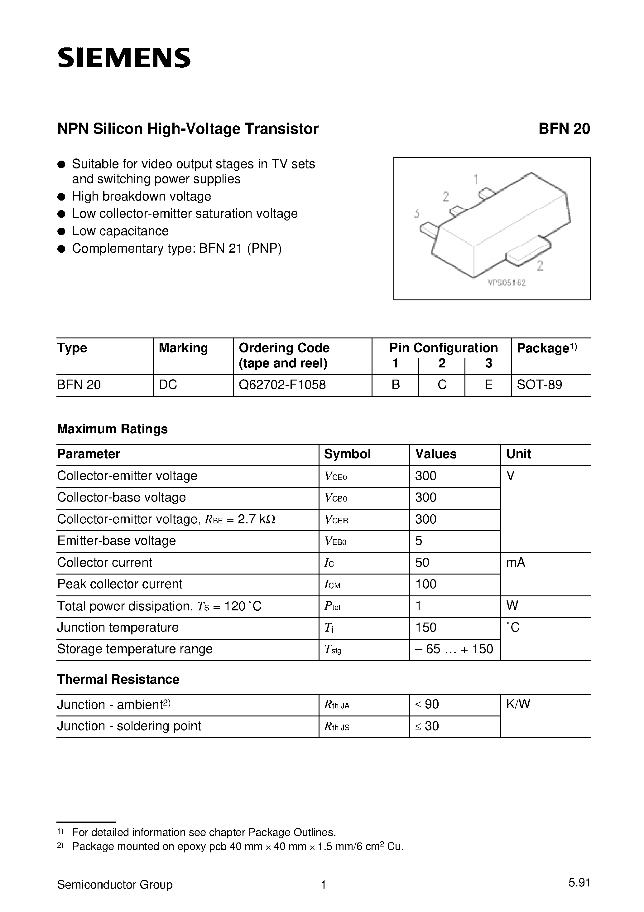 Datasheet BFN20 - NPN Silicon High-Voltage Transistor (Suitable for video output stages in TV sets and switching power supplies High breakdown voltage) page 1