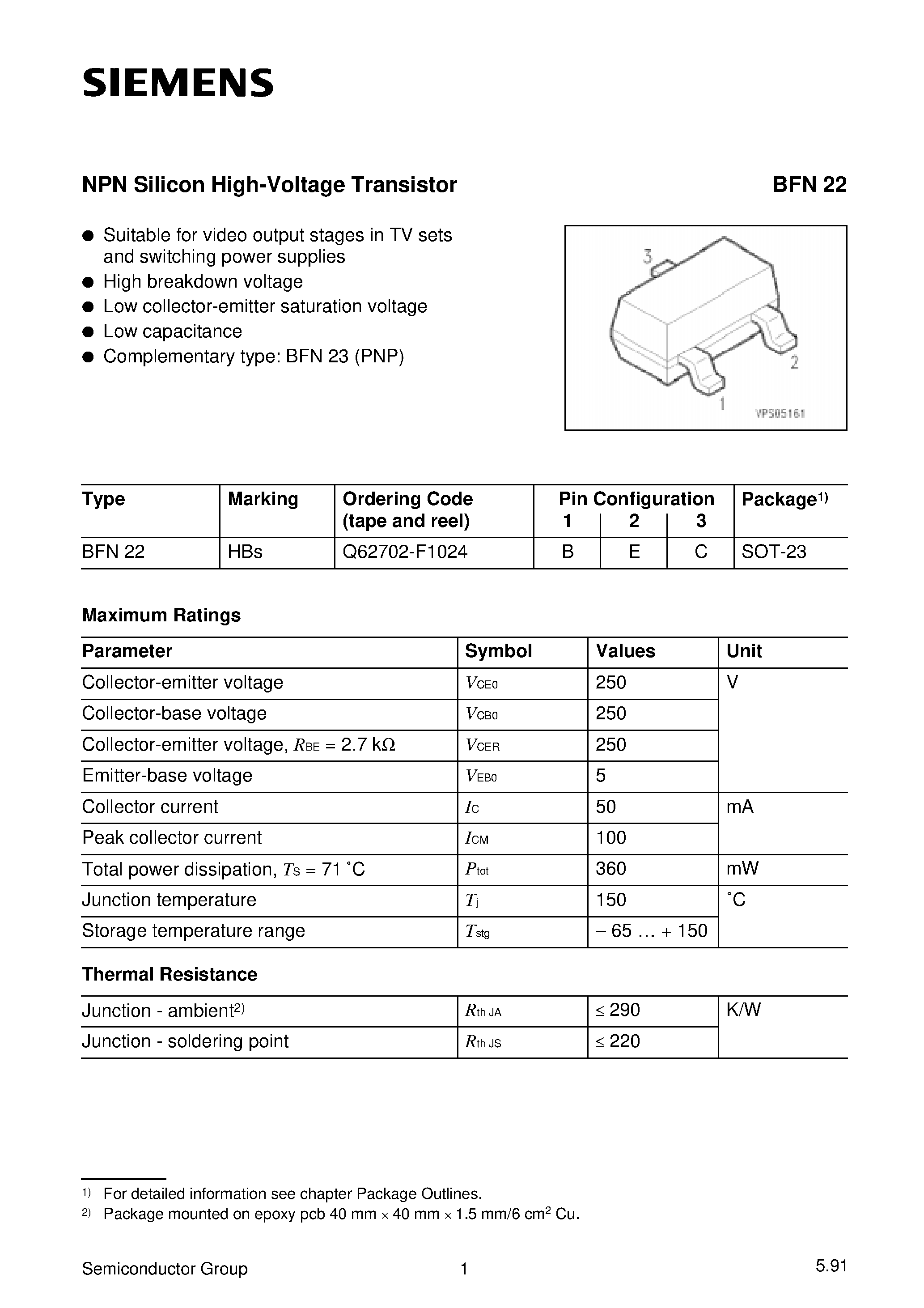 Datasheet BFN22 - NPN Silicon High-Voltage Transistor (Suitable for video output stages in TV sets and switching power supplies High breakdown voltage) page 1