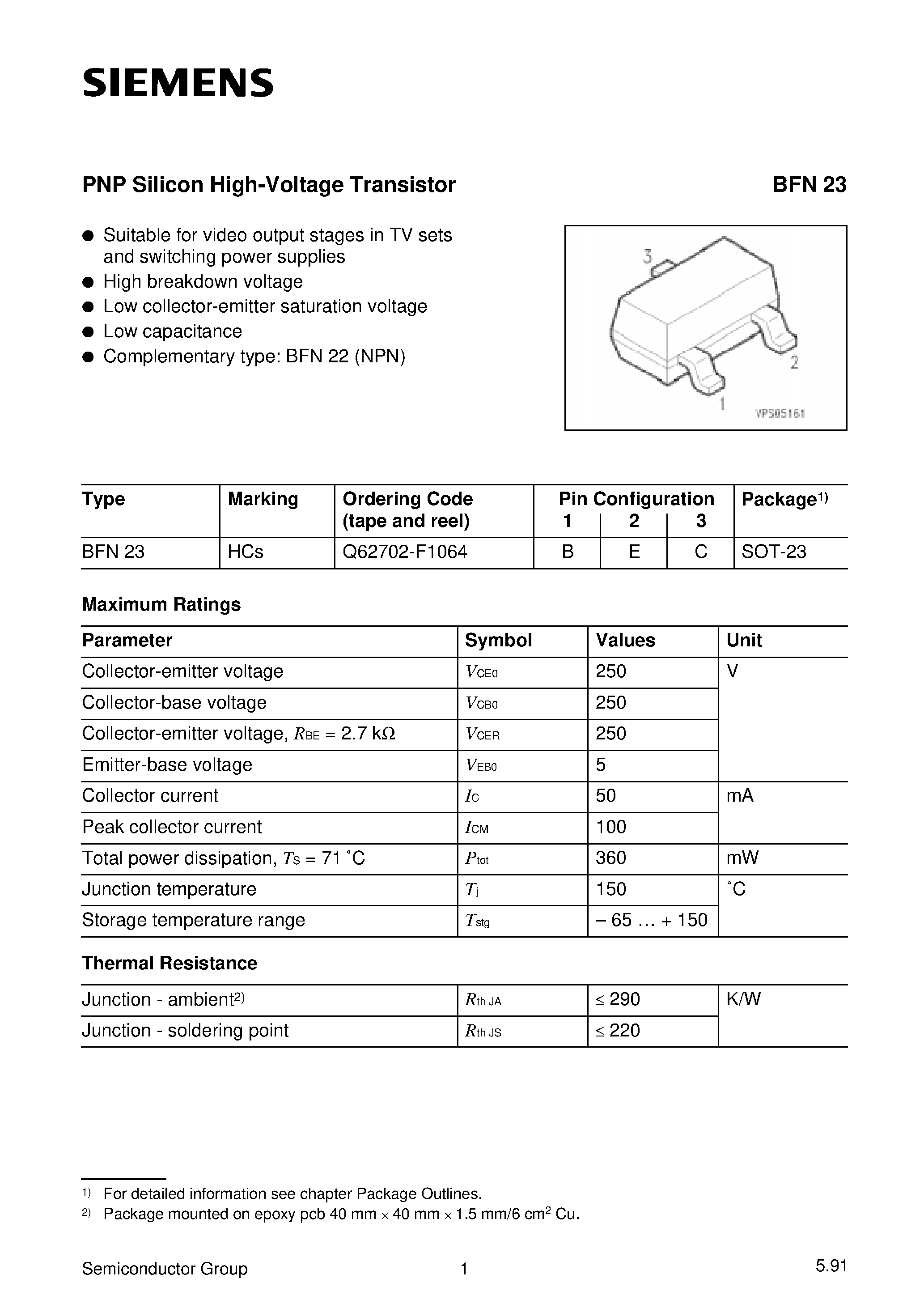 Datasheet BFN23 - PNP Silicon High-Voltage Transistor (Suitable for video output stages in TV sets and switching power supplies High breakdown voltage) page 1