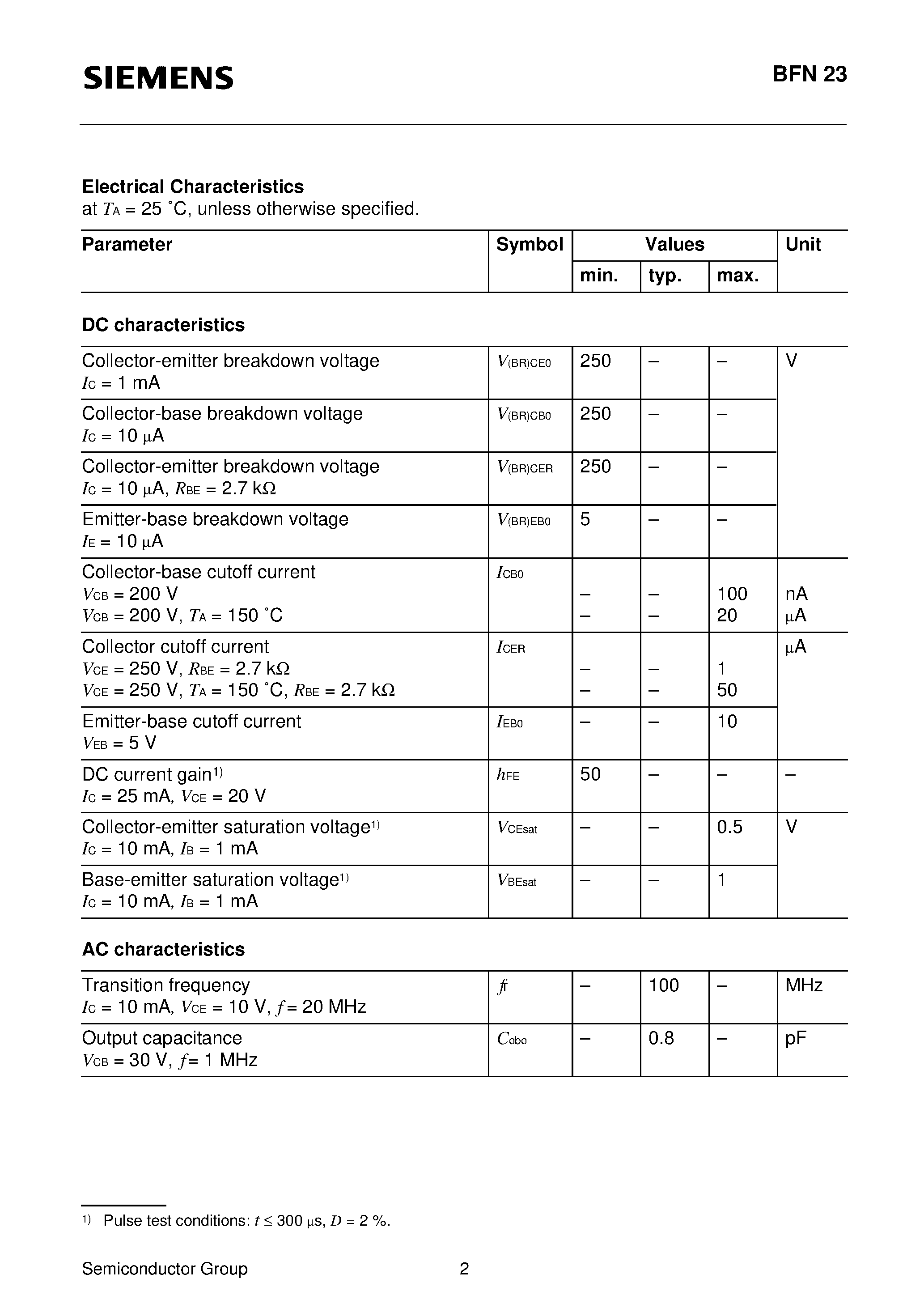 Datasheet BFN23 - PNP Silicon High-Voltage Transistor (Suitable for video output stages in TV sets and switching power supplies High breakdown voltage) page 2