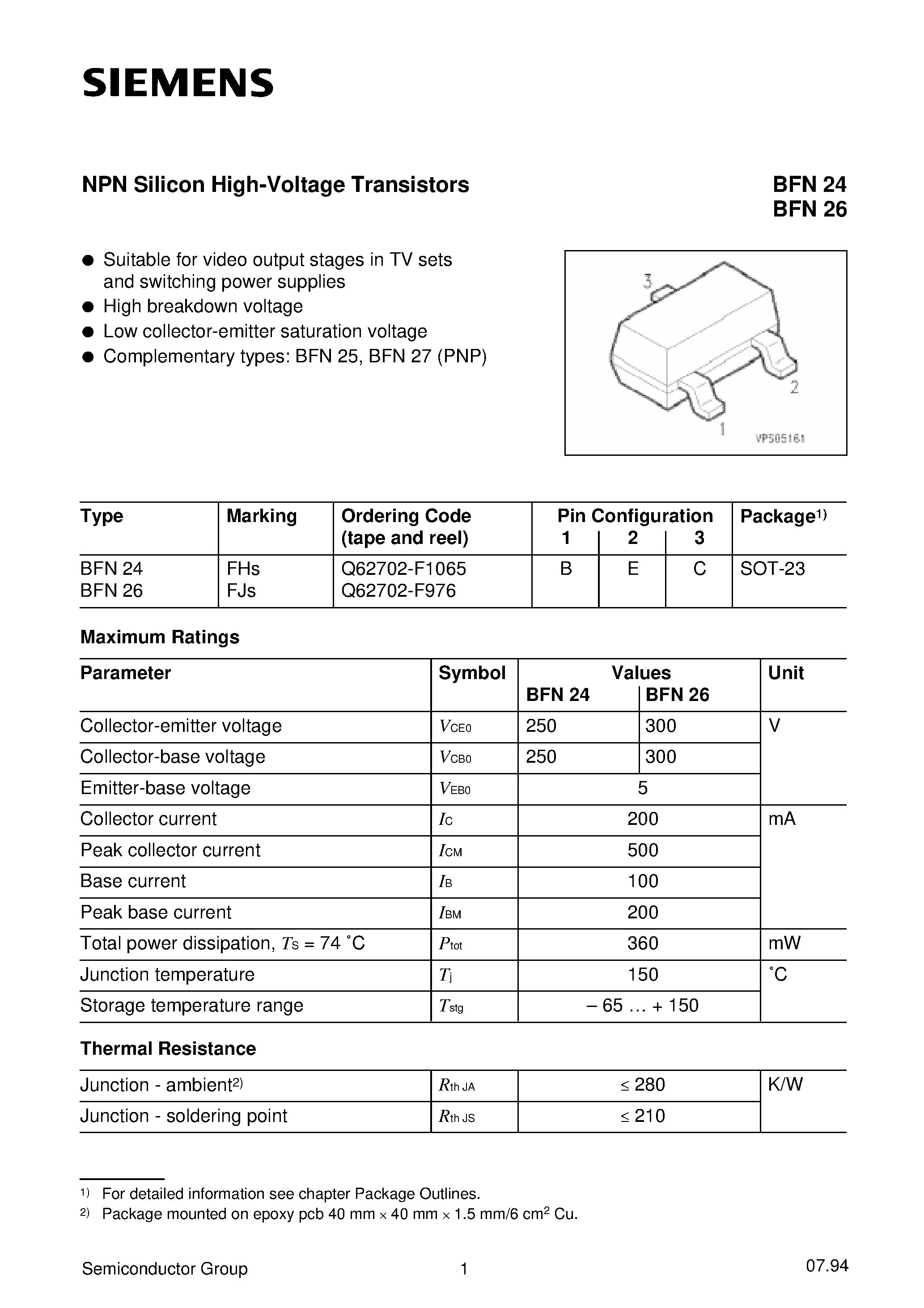Datasheet BFN24 - NPN Silicon High-Voltage Transistors (Suitable for video output stages in TV sets and switching power supplies High breakdown voltage) page 1