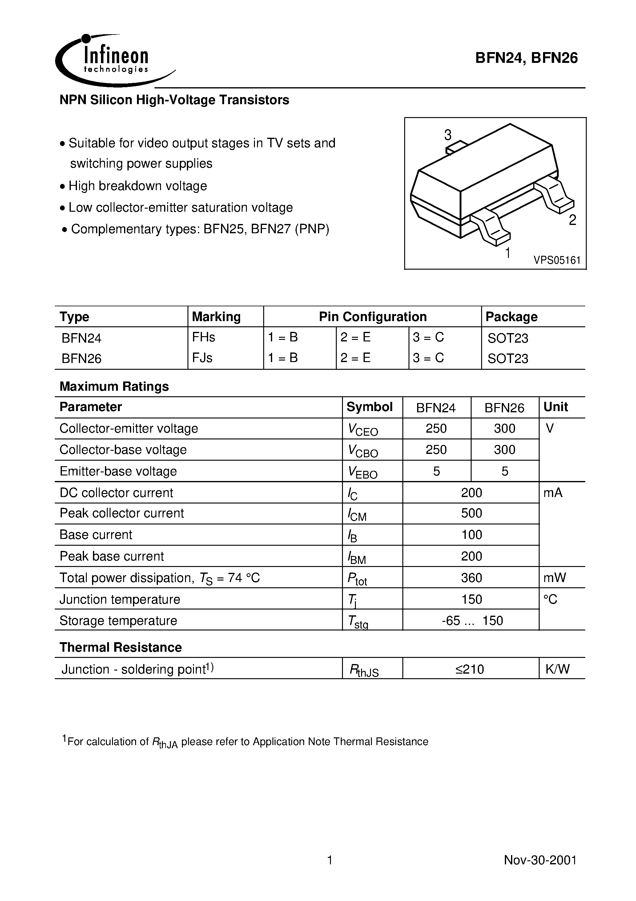 Даташит на микросхему BFN24 страница 1 Даташит BFN24 - NPN Silicon High-Voltage Transistors страница 1