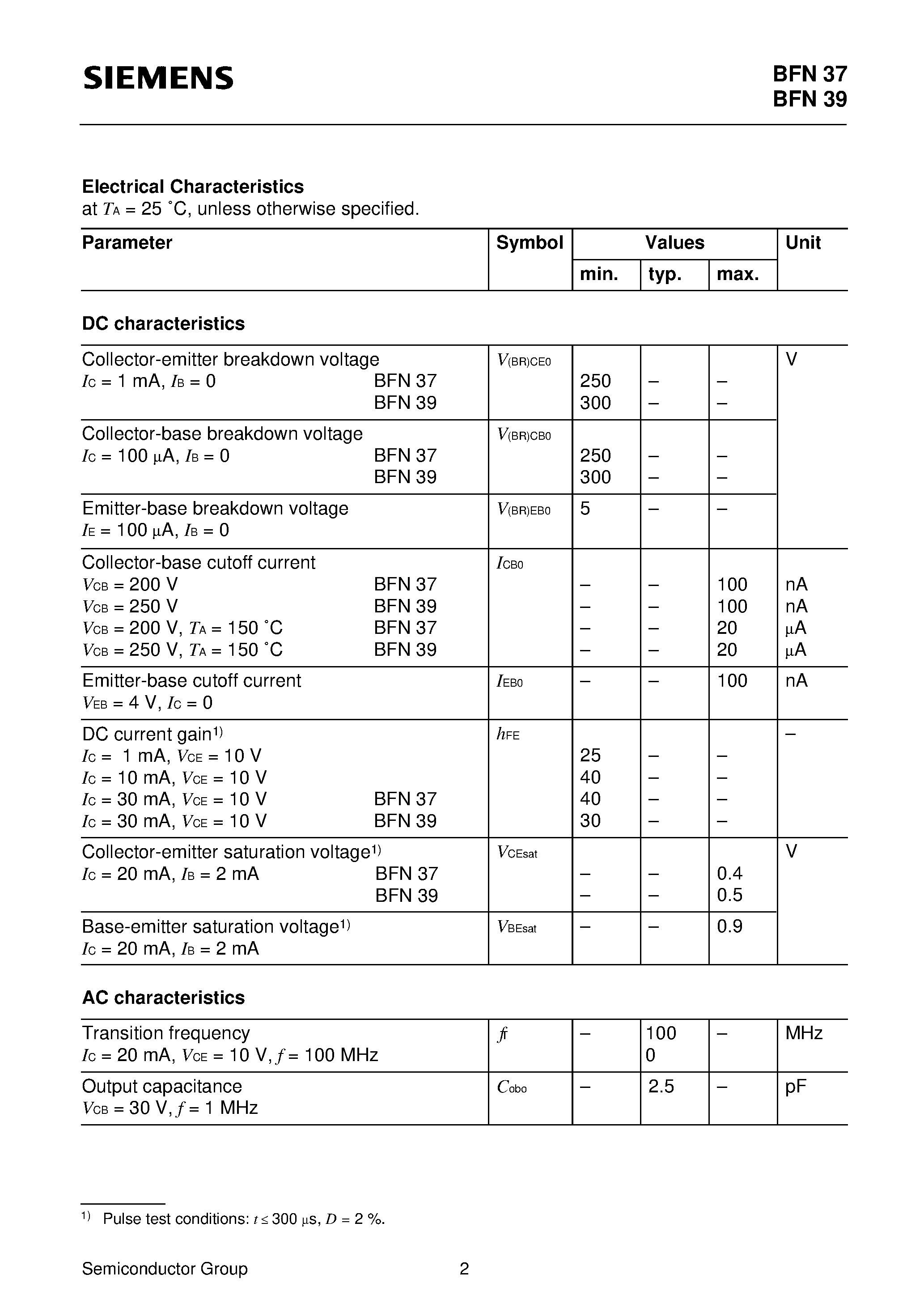 Datasheet BFN37 - PNP Silicon High-Voltage Transistors (Suitable for video output stages in TV sets and switching power supplies High breakdown voltage) page 2