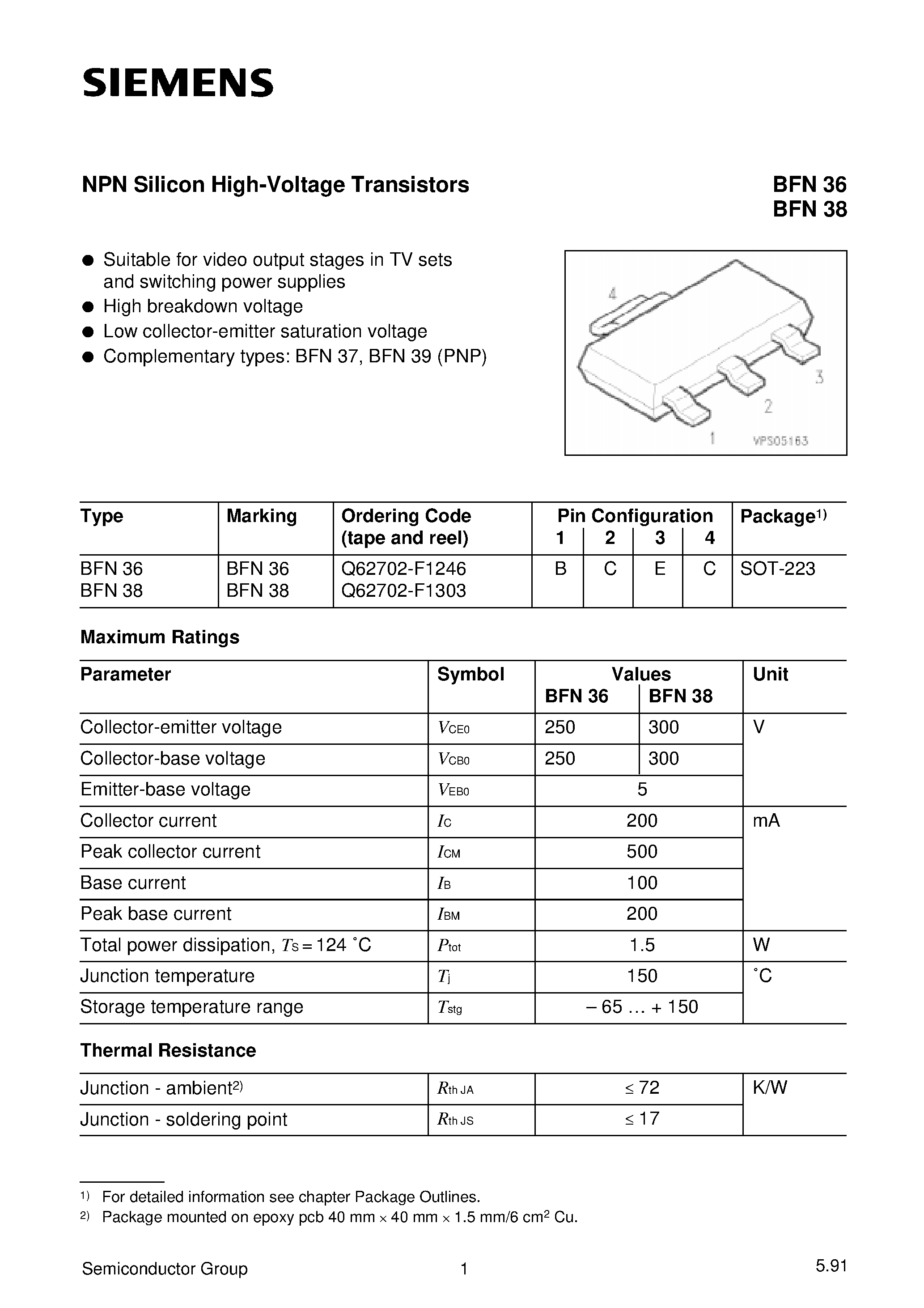 Datasheet BFN38 - NPN Silicon High-Voltage Transistors (Suitable for video output stages in TV sets and switching power supplies High breakdown voltage) page 1