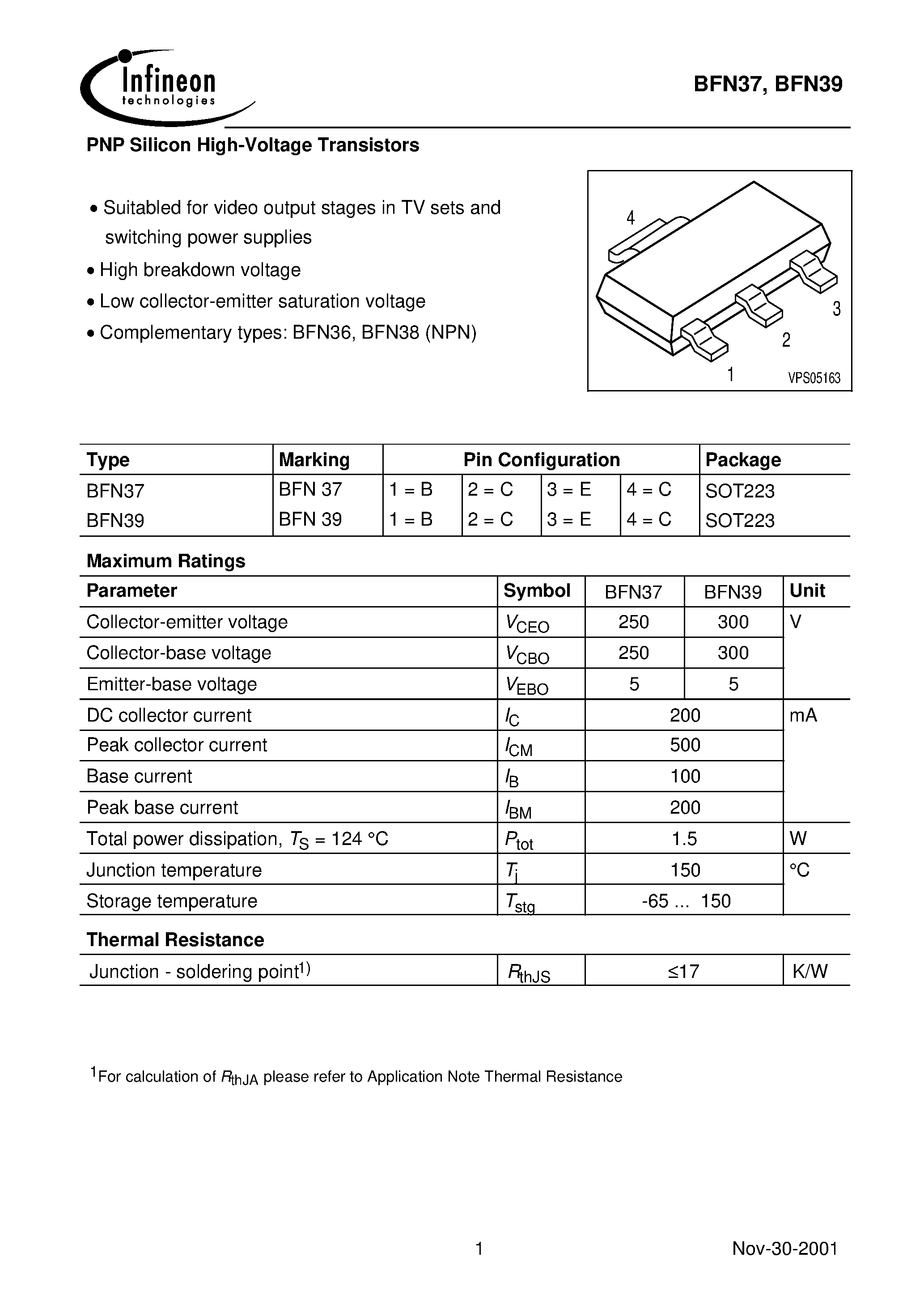 Даташит BFN39 - PNP Silicon High-Voltage Transistors страница 1