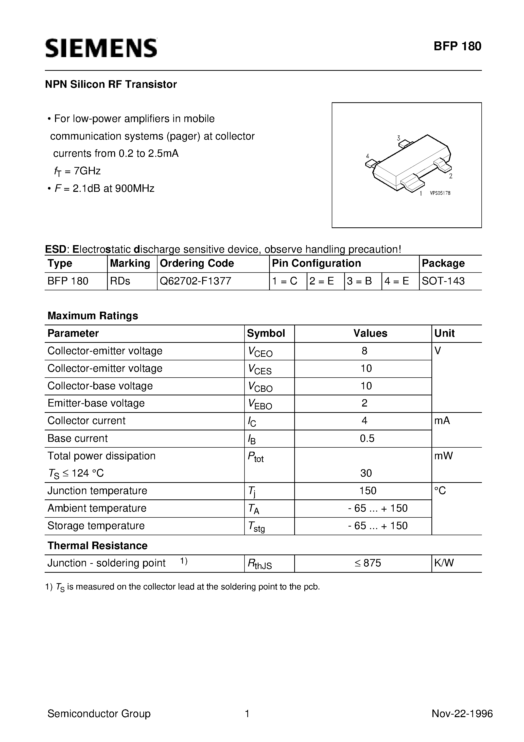 Datasheet BFP180 - NPN Silicon RF Transistor (For low-power amplifiers in mobile communication systems pager at collector currents from 0.2 to 2.5mA) page 1