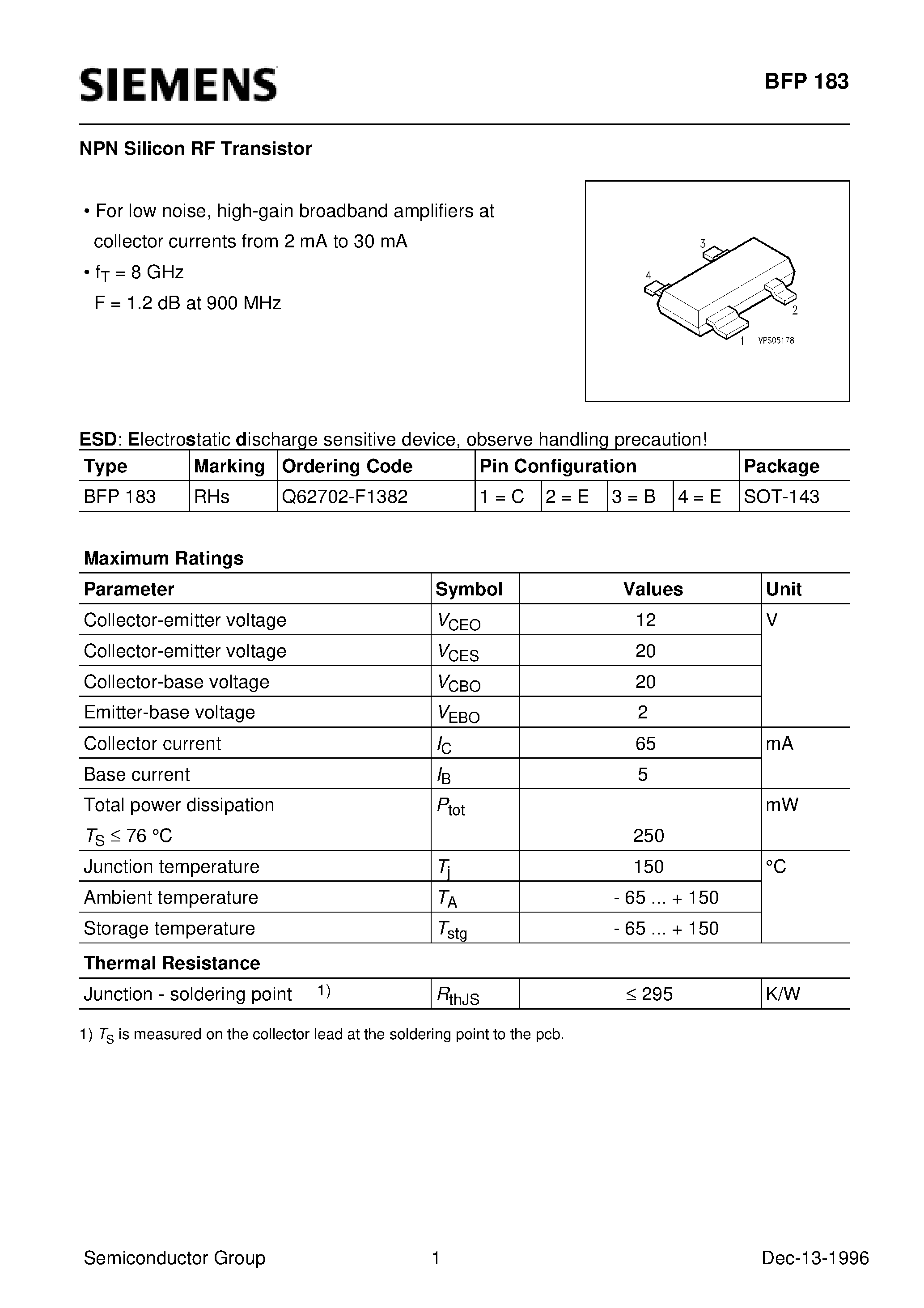 Даташит на микросхему BFP183 страница 1 Даташит BFP183 - NPN Silicon RF Transistor (For low noise/ high-gain broadband amplifiers at collector currents from 2 mA to 30 mA) страница 1