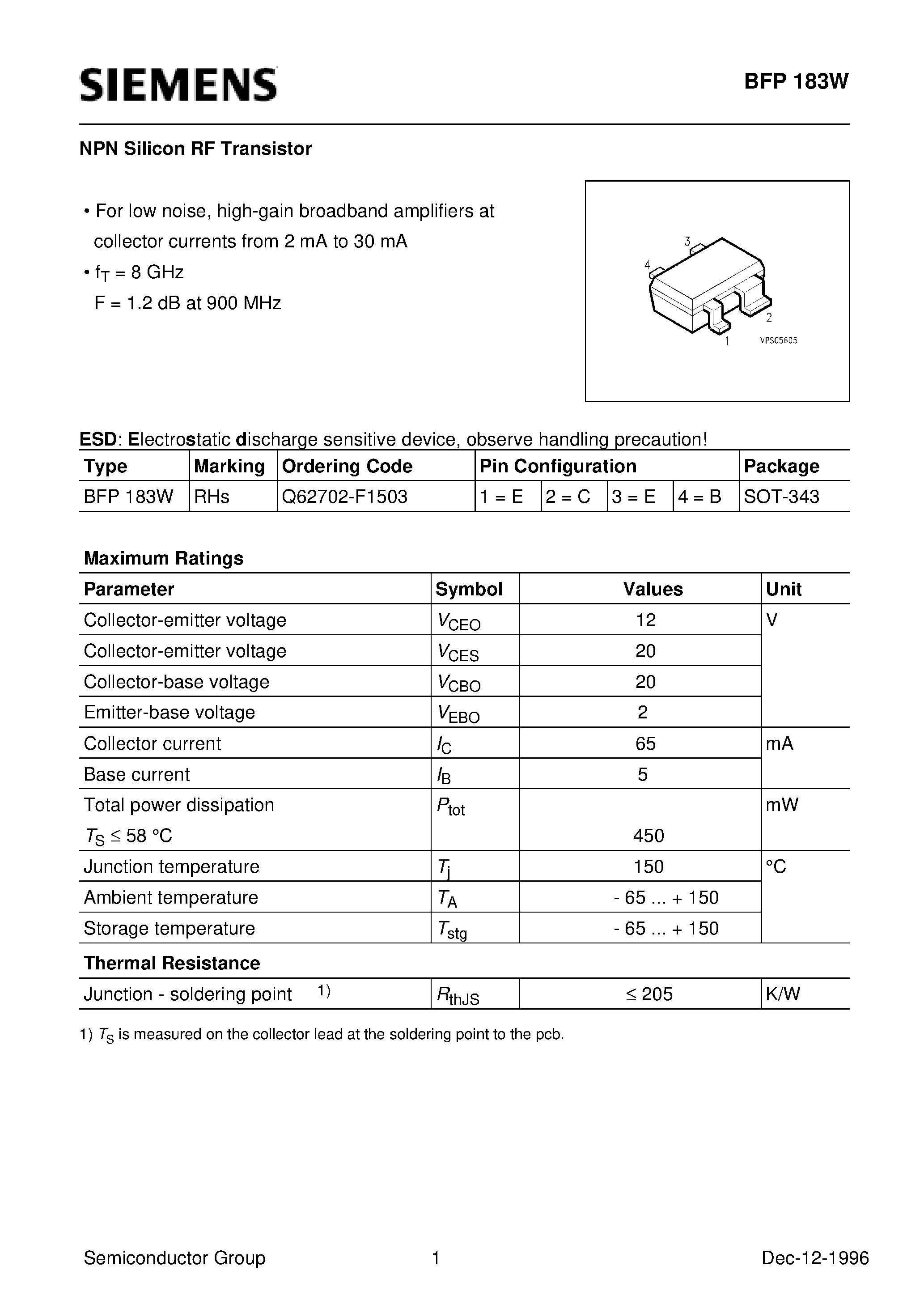 Даташит на микросхему BFP183W страница 1 Даташит BFP183W - NPN Silicon RF Transistor (For low noise/ high-gain broadband amplifiers at collector currents from 2 mA to 30 mA) страница 1